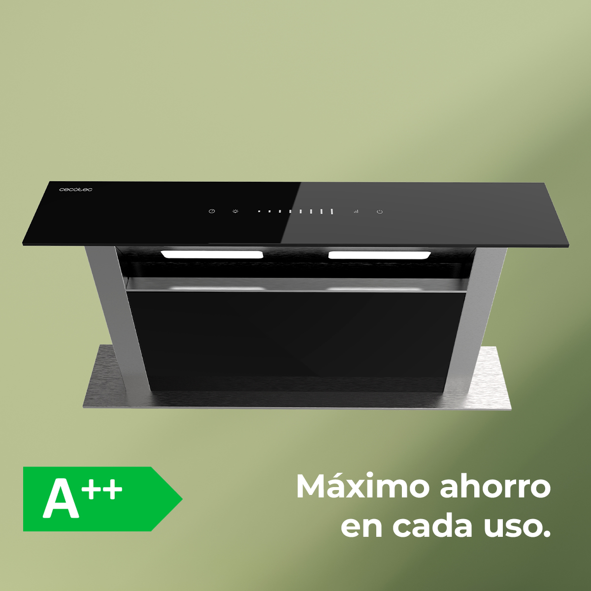 Moderna campana extractora negra y plateada sobre fondo verde con etiqueta energética A++.
