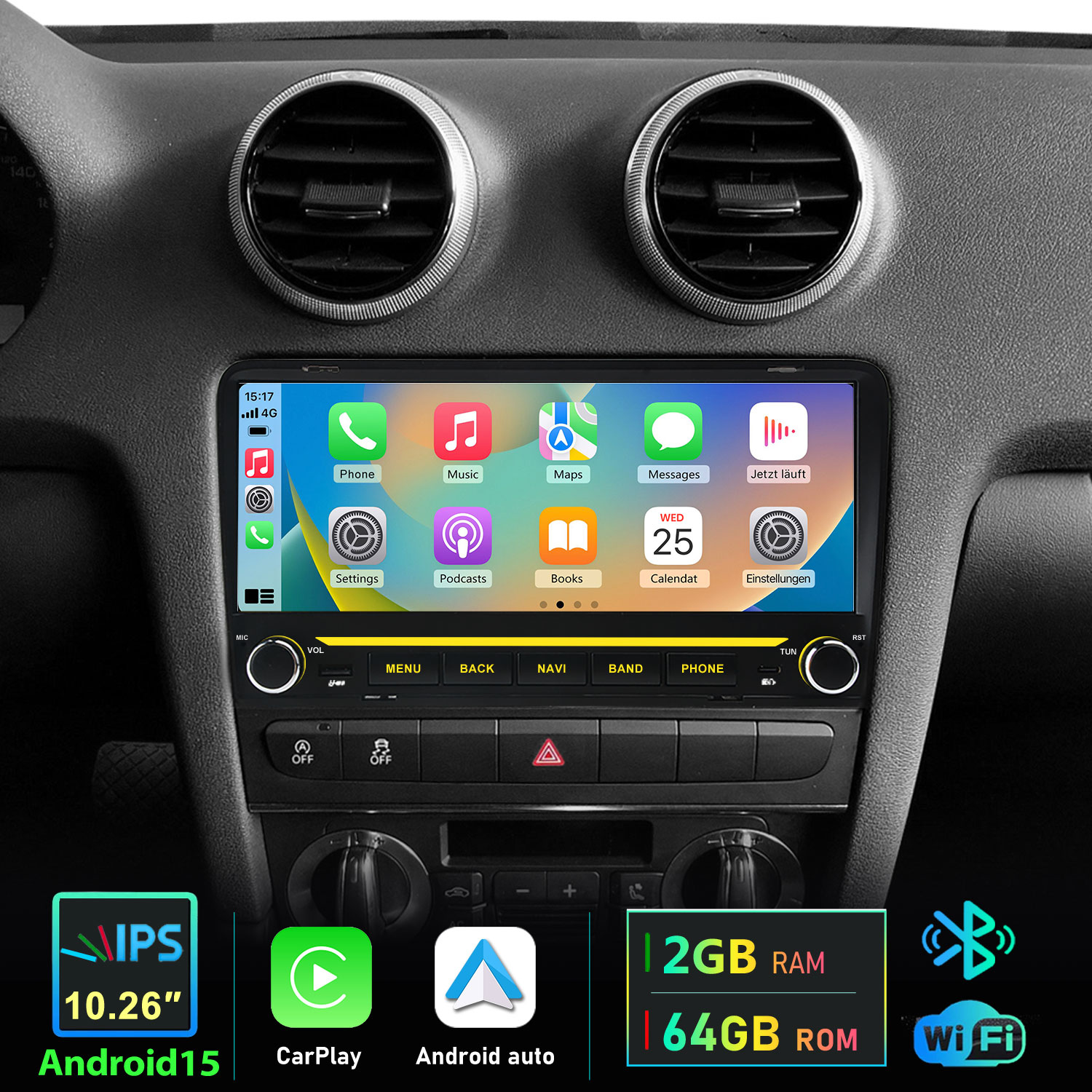 Una pantalla táctil de audio para automóvil con iconos de aplicaciones y botones físicos.