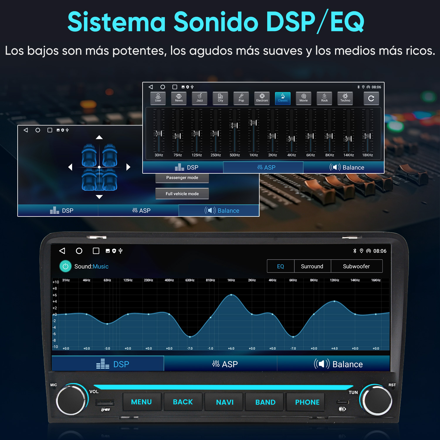 Estéreo de auto mostrando gráficos de ecualizador, ajustes DSP y control de balance.