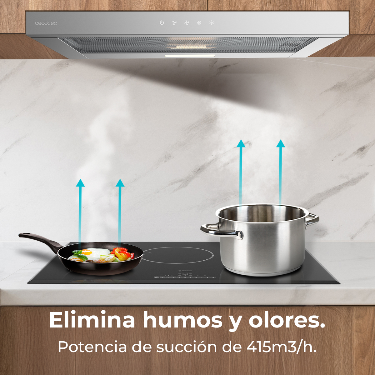 Campana extractora sobre placa con sartén y olla, vapor ascendente con flechas azules y texto.