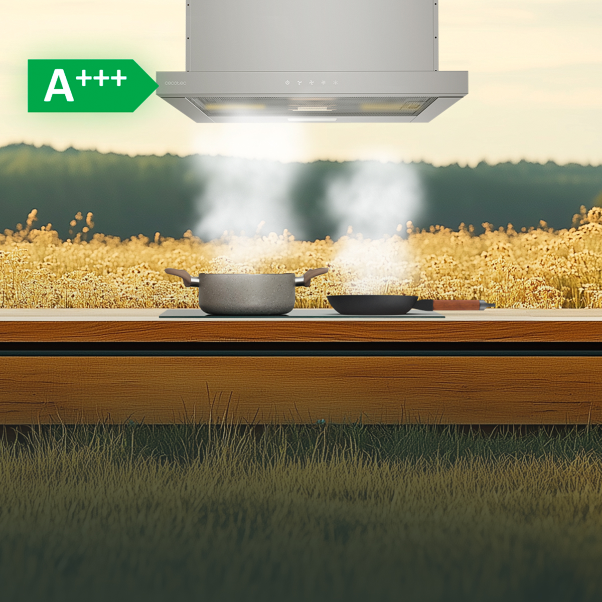 Una campana extractora sobre una sartén con vapor al aire libre con etiqueta de eficiencia A+++.