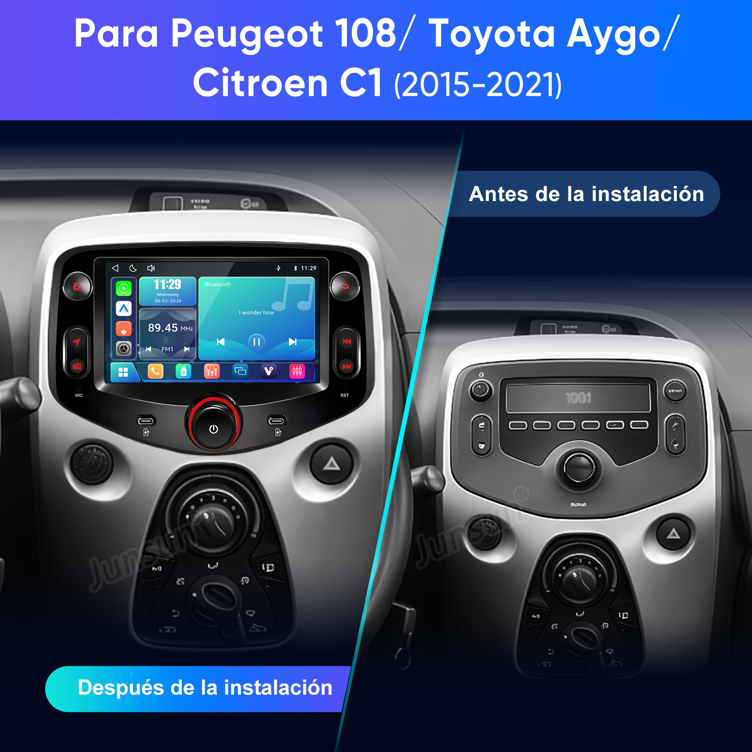 Comparación antes y después de instalar una nueva radio táctil en un coche.