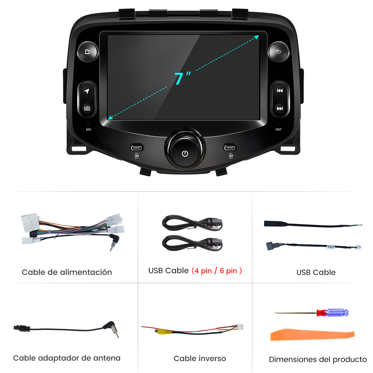 Pantalla de autorradio de 7 pulgadas con botones, cables USB, adaptador de antena y herramientas.