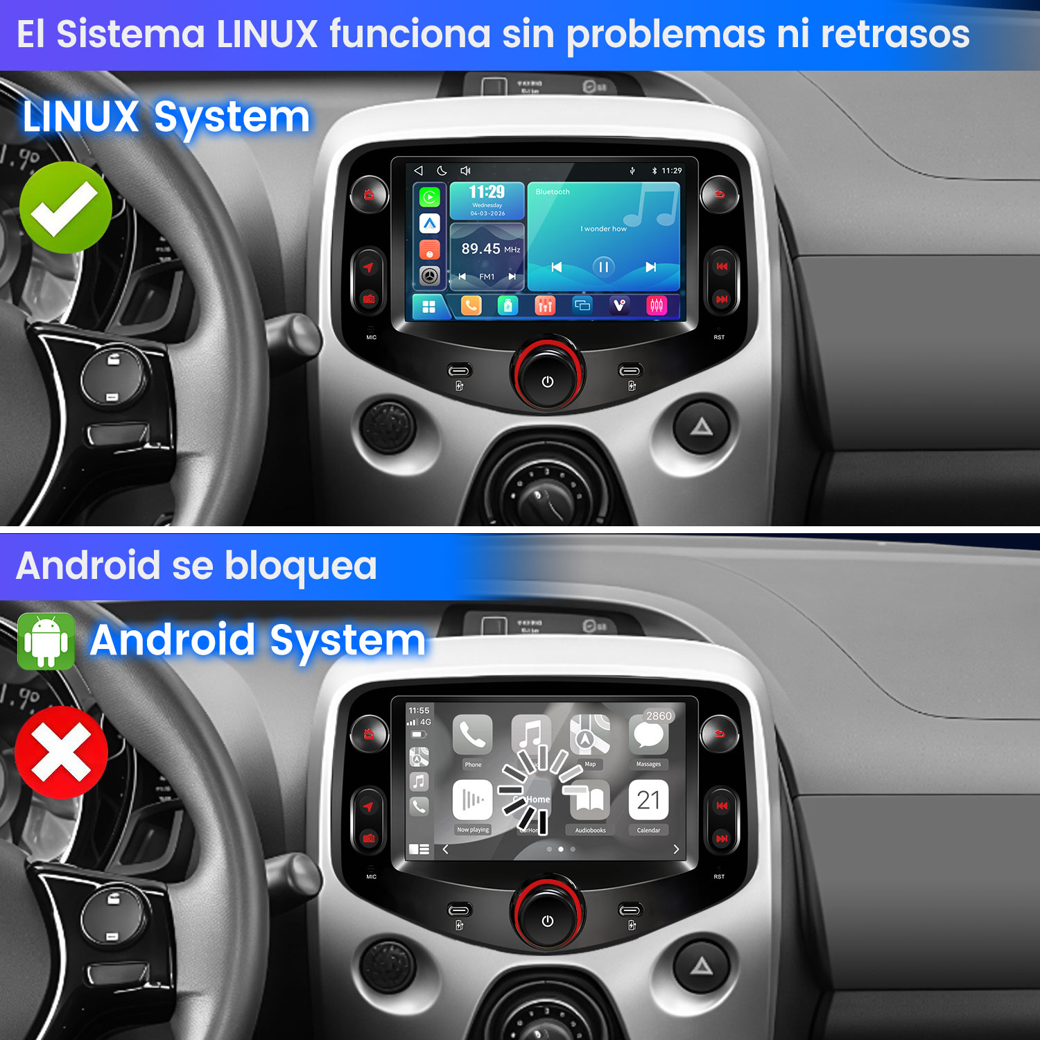 Comparación de pantallas de auto: sistema Linux fluido arriba y Android con rueda de carga abajo.