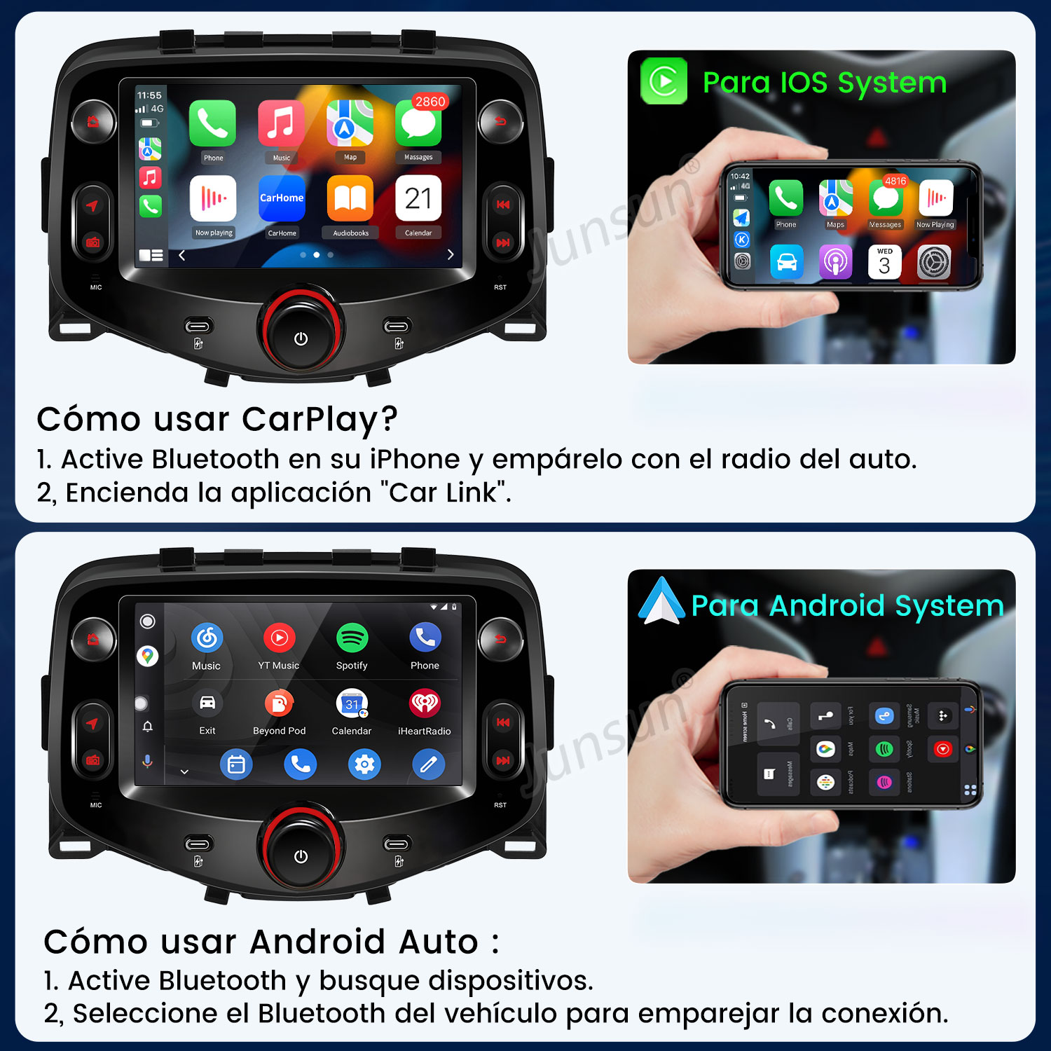 Guía de autorradio que muestra pasos para conectar CarPlay y Android Auto.