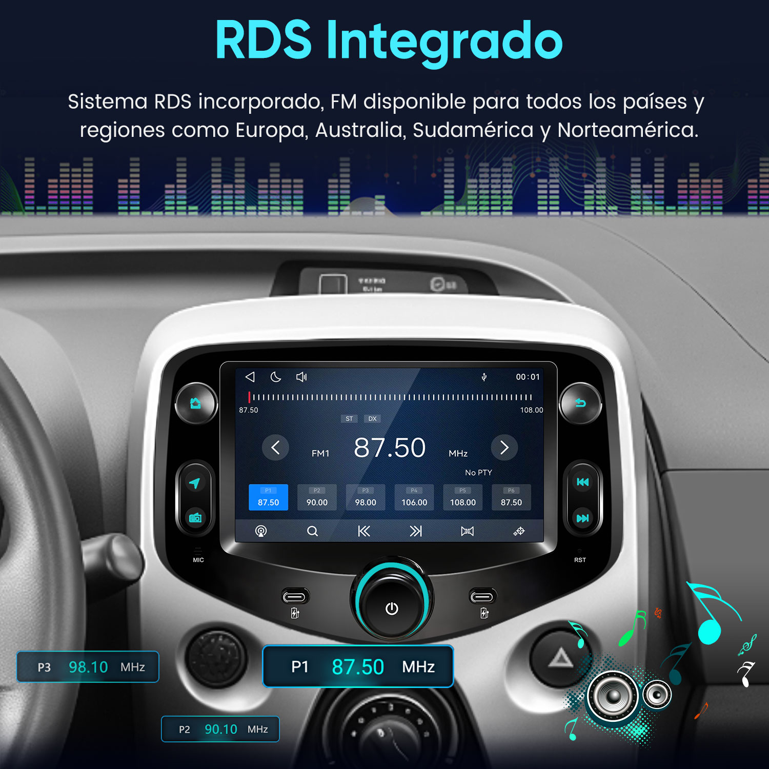 Una pantalla táctil de audio para automóvil con interfaz de radio FM en el salpicadero.