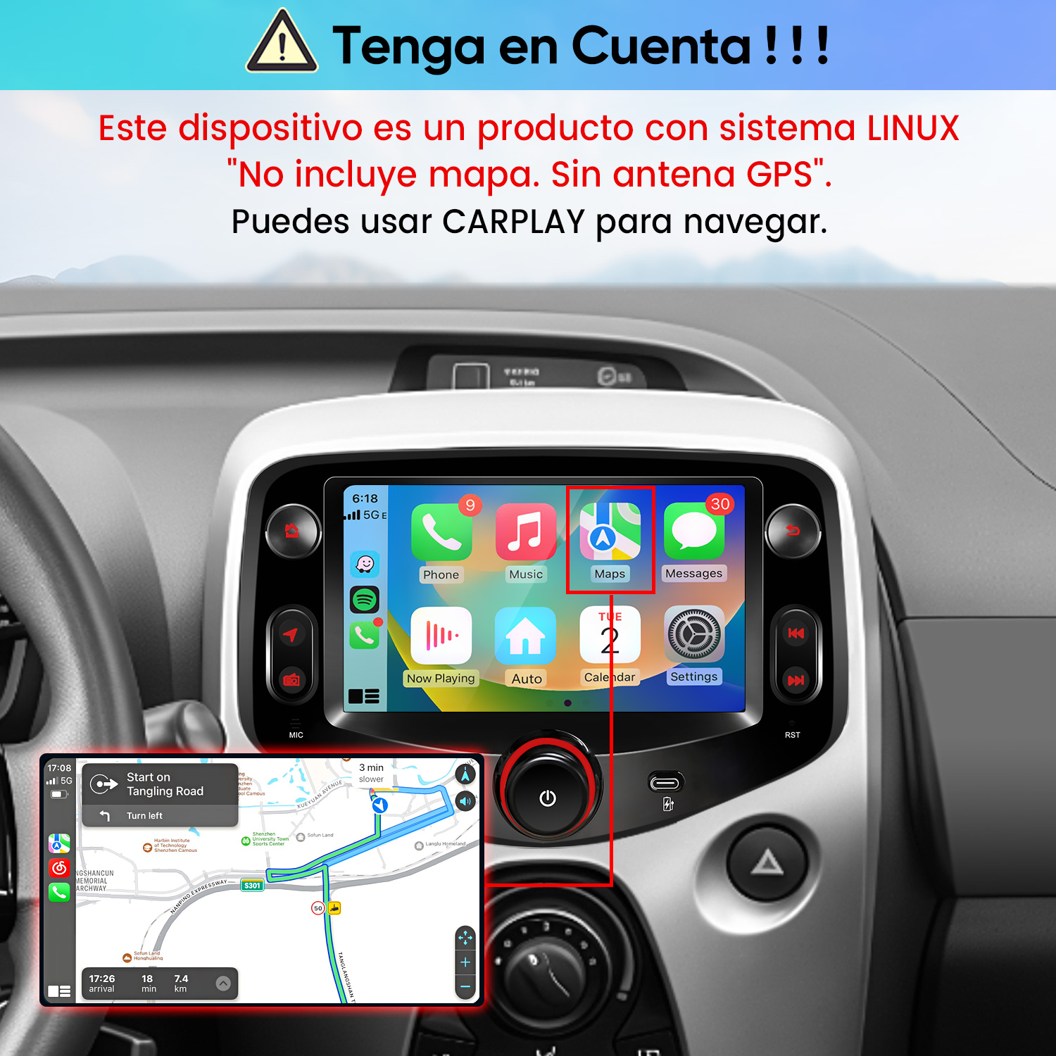 Salpicadero de coche con pantalla táctil y interfaz CarPlay, con texto de aviso en español.