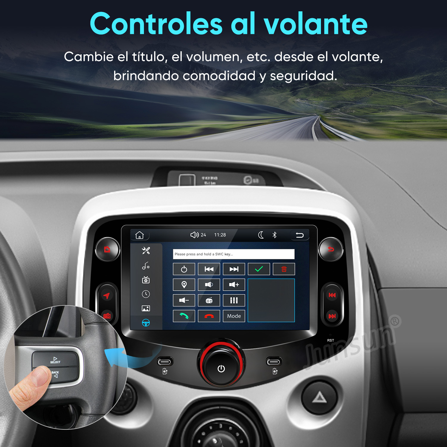 Interior del auto con pantalla de infoentretenimiento y controles en el volante.