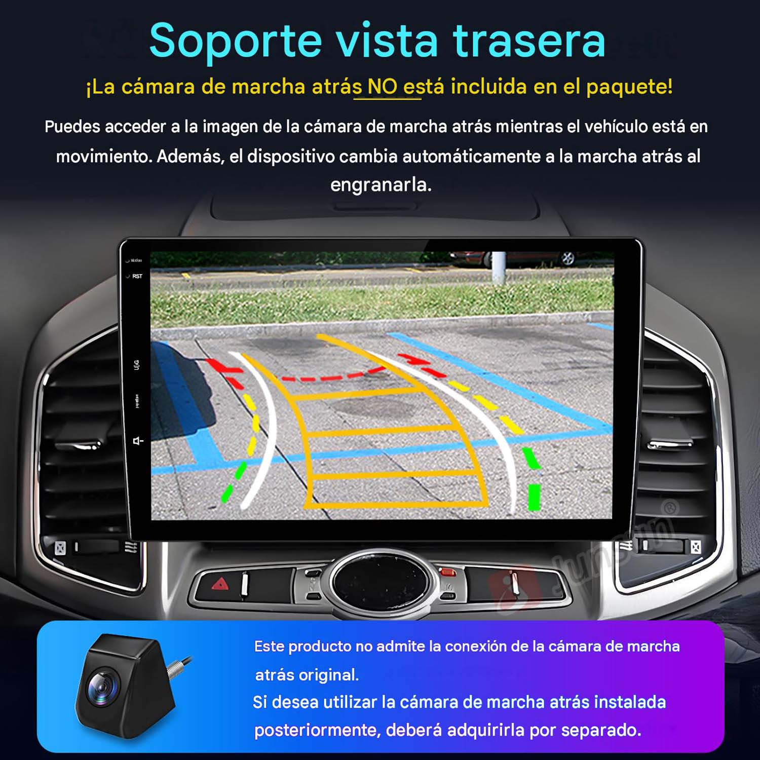 Pantalla de coche muestra vista de cámara trasera con líneas de guía de aparcamiento y texto en español.