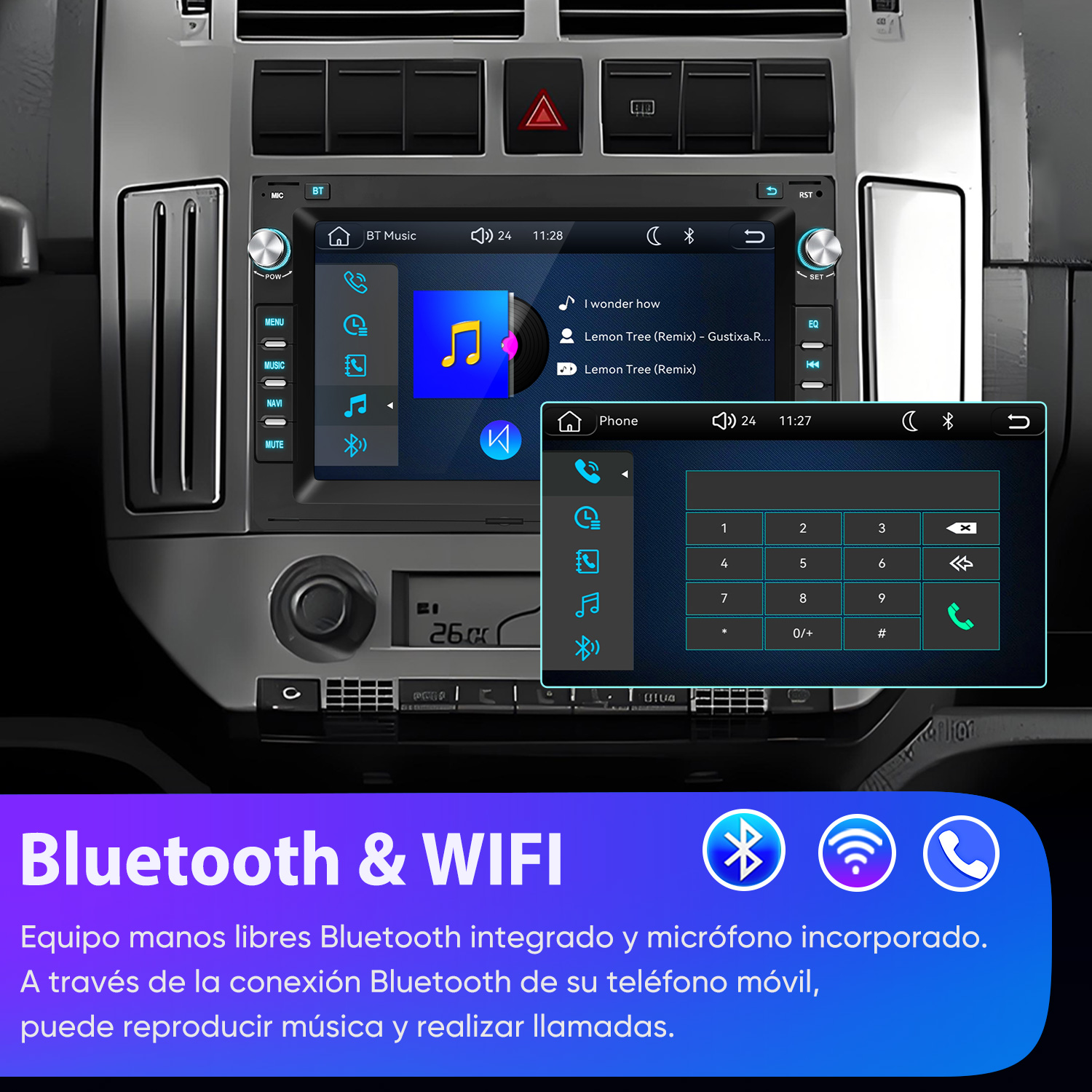Radio de coche con Bluetooth, funciones de música y teléfono, y Wi-Fi.