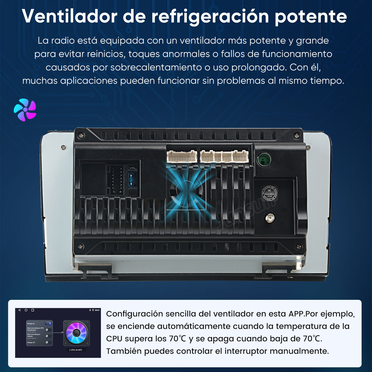 Vista trasera de un autorradio mostrando su ventilador y puertos sobre fondo azul.