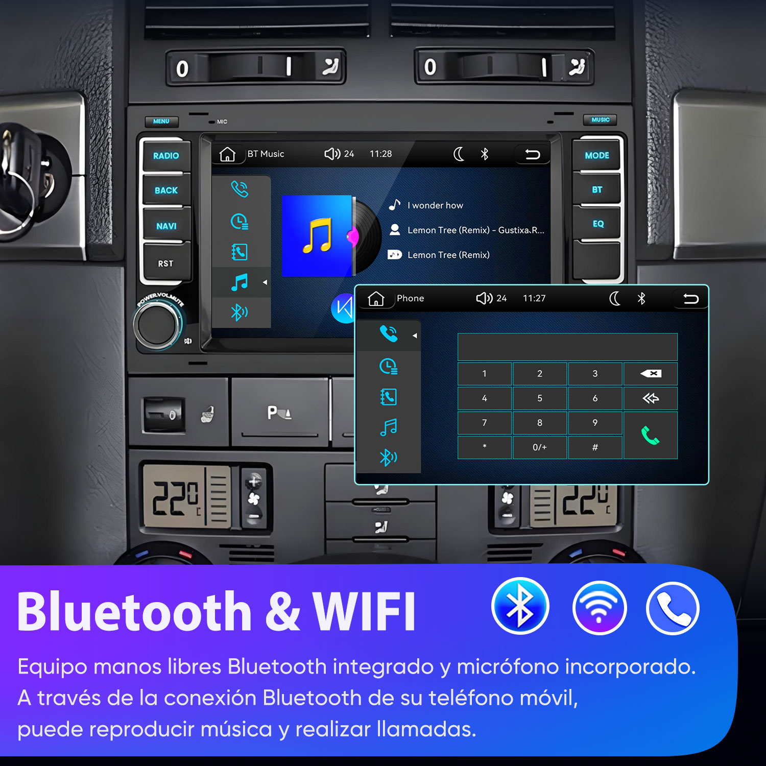 Una pantalla de audio para coche muestra interfaces de música y teléfono, rodeada de botones físicos.
