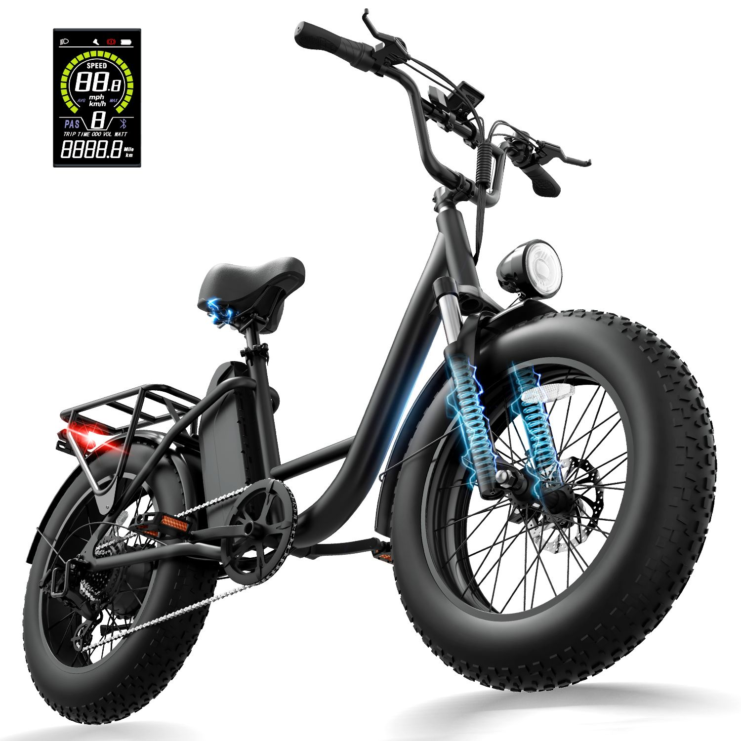 Bicicleta eléctrica negra con neumáticos anchos, suspensión delantera y una pantalla LED arriba.