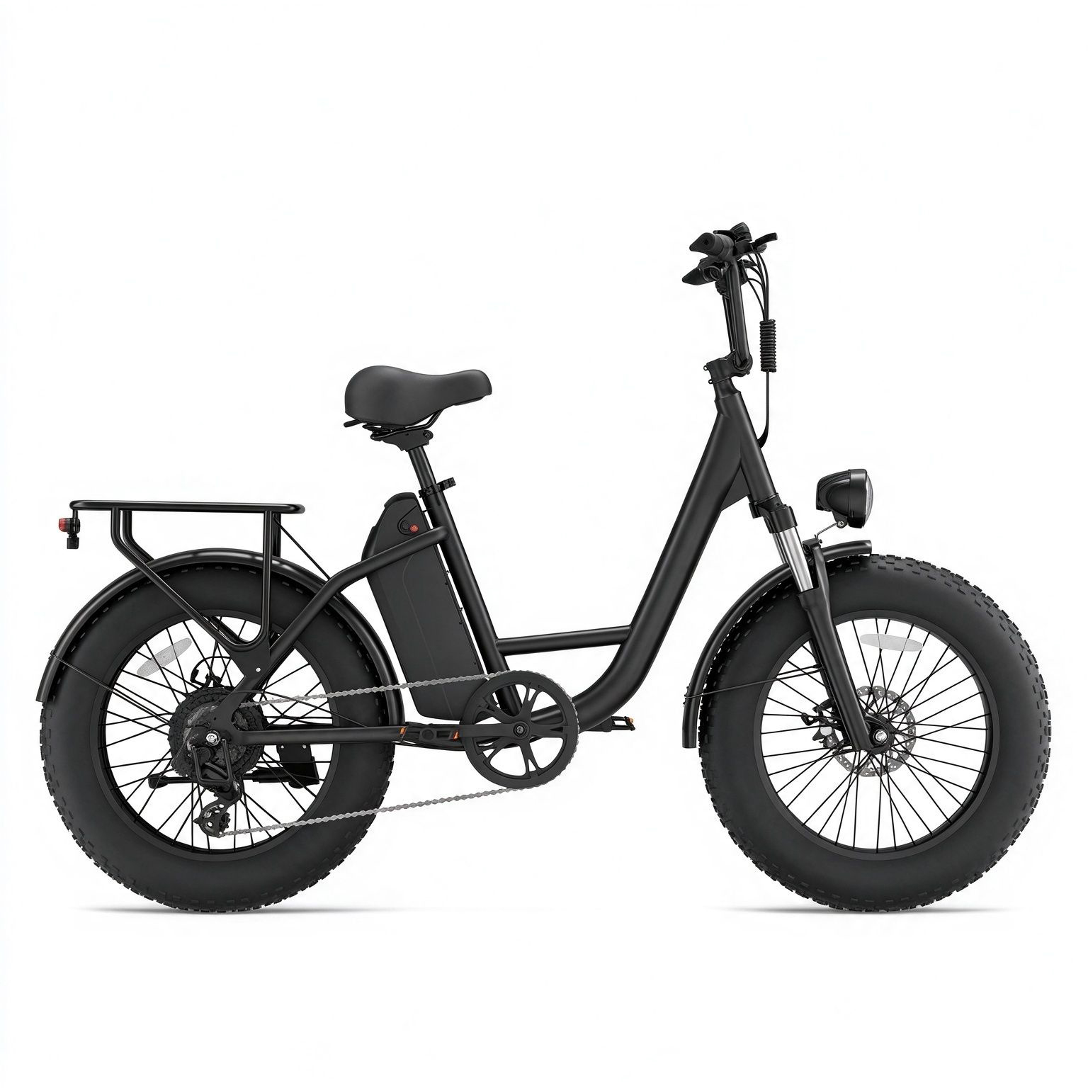 Una bicicleta eléctrica negra con neumáticos anchos, portaequipajes, faro delantero y batería en el cuadro sobre fondo blanco.