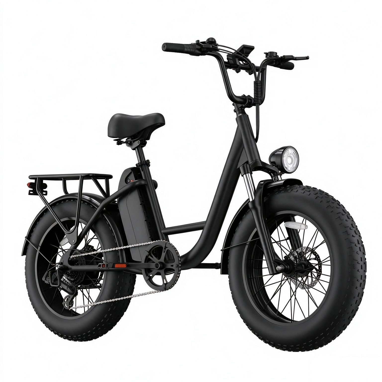 Una bicicleta eléctrica negra con neumáticos gruesos, faro delantero y portaequipajes sobre fondo blanco.
