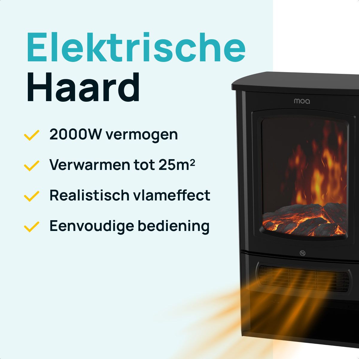 Produktwerbung für einen schwarzen elektrischen Kamin mit Flammeneffekt und Merkmalen auf Niederländisch.