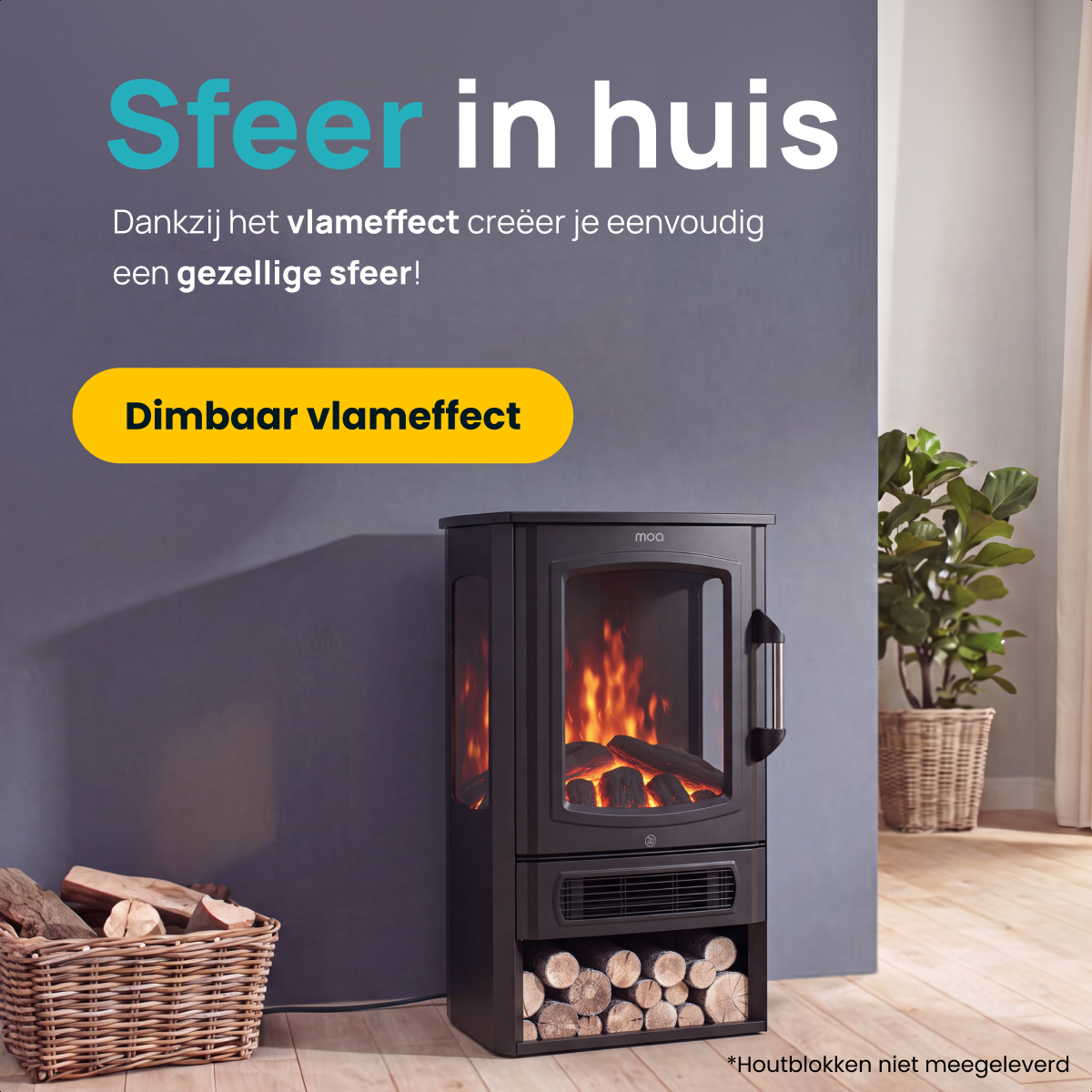 Ein schwarzer elektrischer Kamin mit flammeneffekt, Holzscheiten und Text auf der Wand.