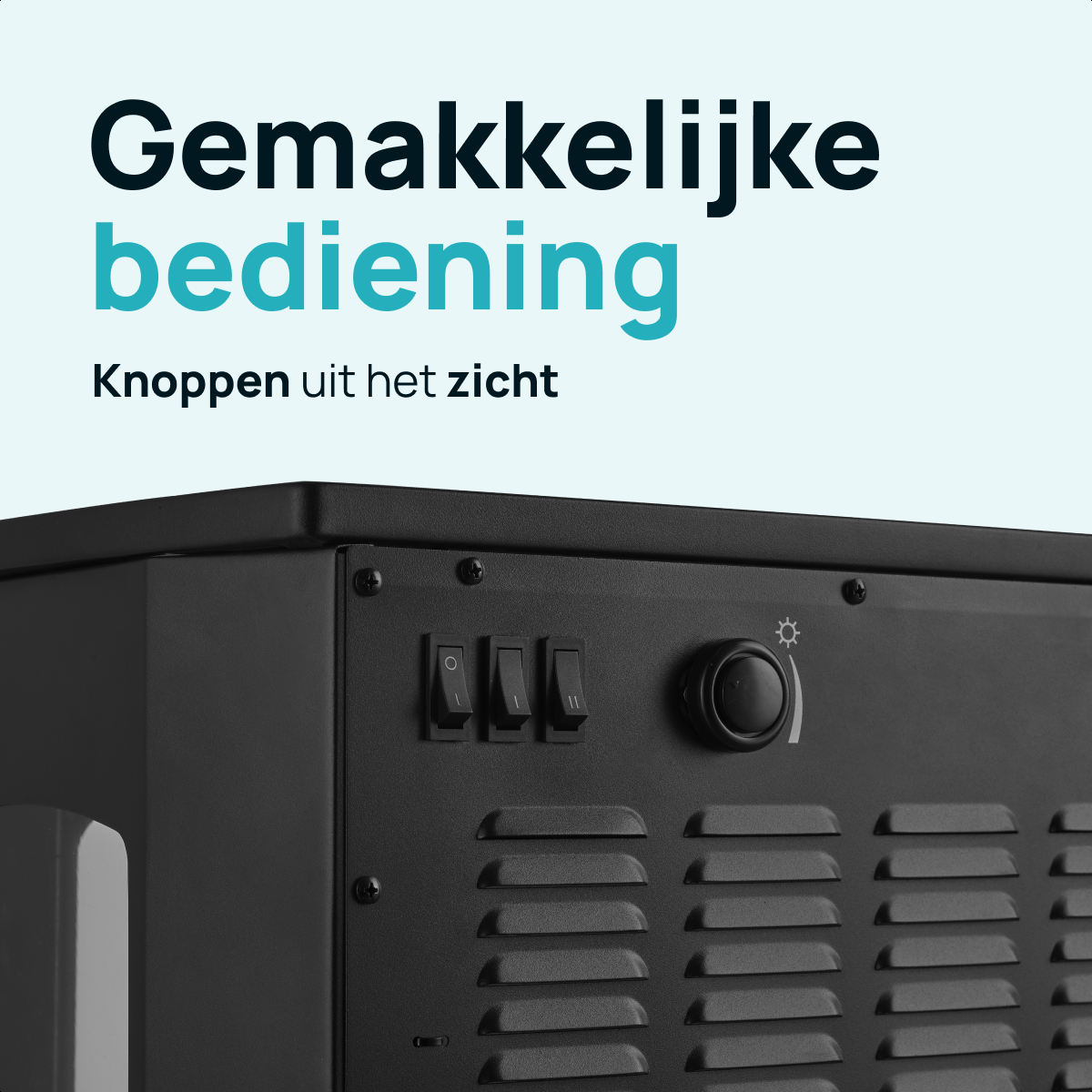 Schwarzes Gerät mit drei Schaltern, einem Drehknopf und Lüftungsschlitzen. Darüber Text in Niederländisch.