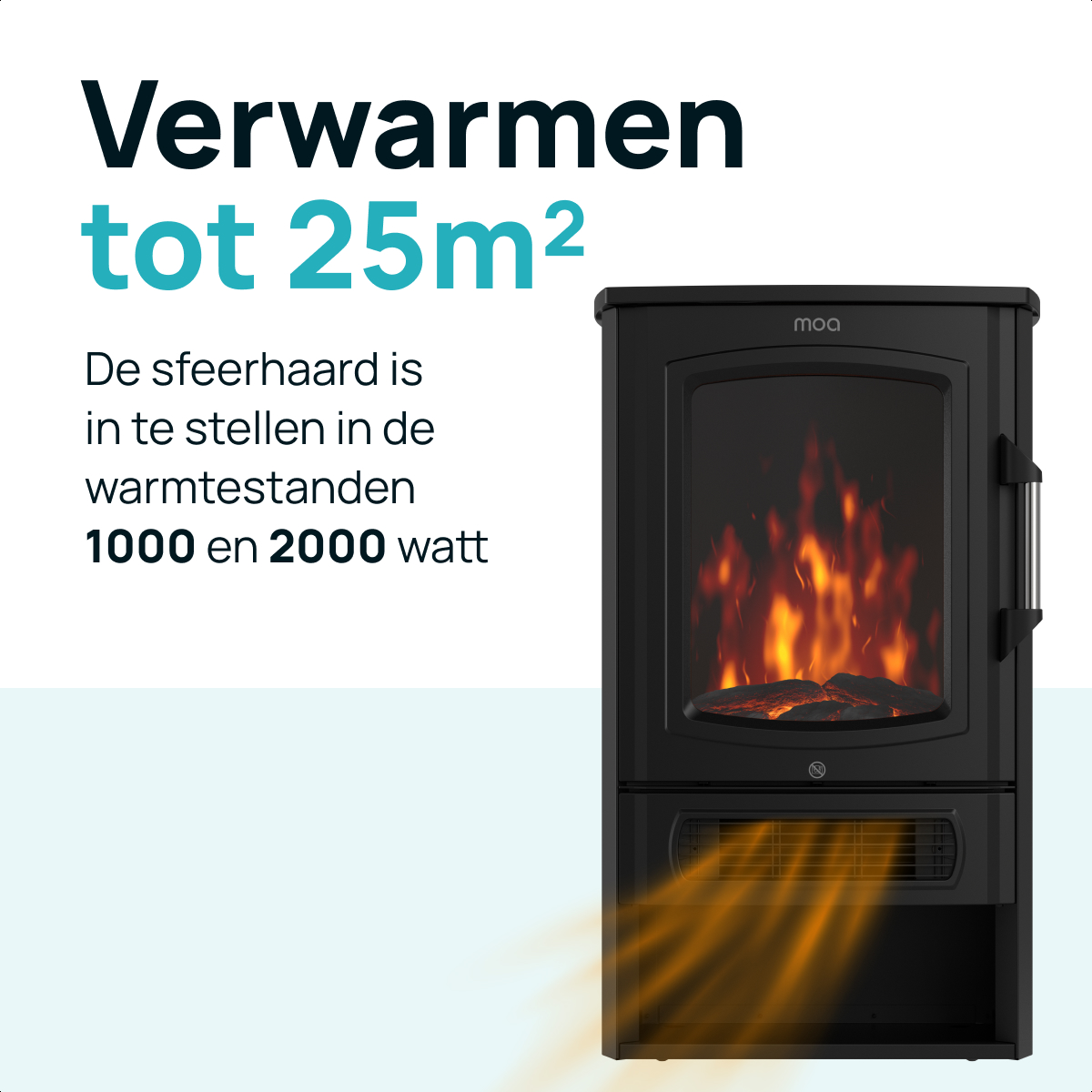 Ein schwarzer Kamin mit Flammeneffekt und Text zur Beheizung von 25qm mit 1000W oder 2000W.