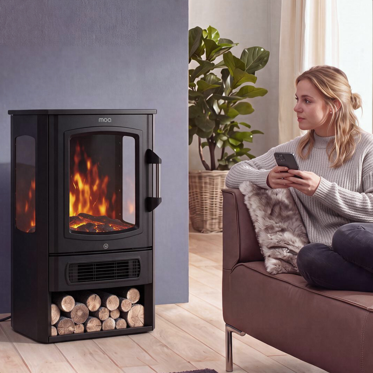 Eine Frau sitzt auf einer Couch und schaut auf ein Smartphone, neben einem schwarzen Kamin mit Holzscheiten.