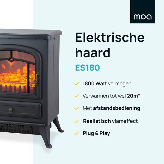 Ein schwarzer Elektrokamin mit Flammeneffekt, Fernbedienung und Text auf hellblauem Hintergrund.