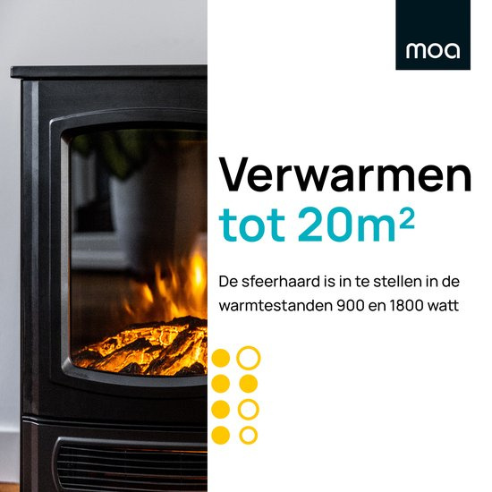 Schwarzer Elektrokamin mit künstlichen Flammen und Text in Niederländisch.