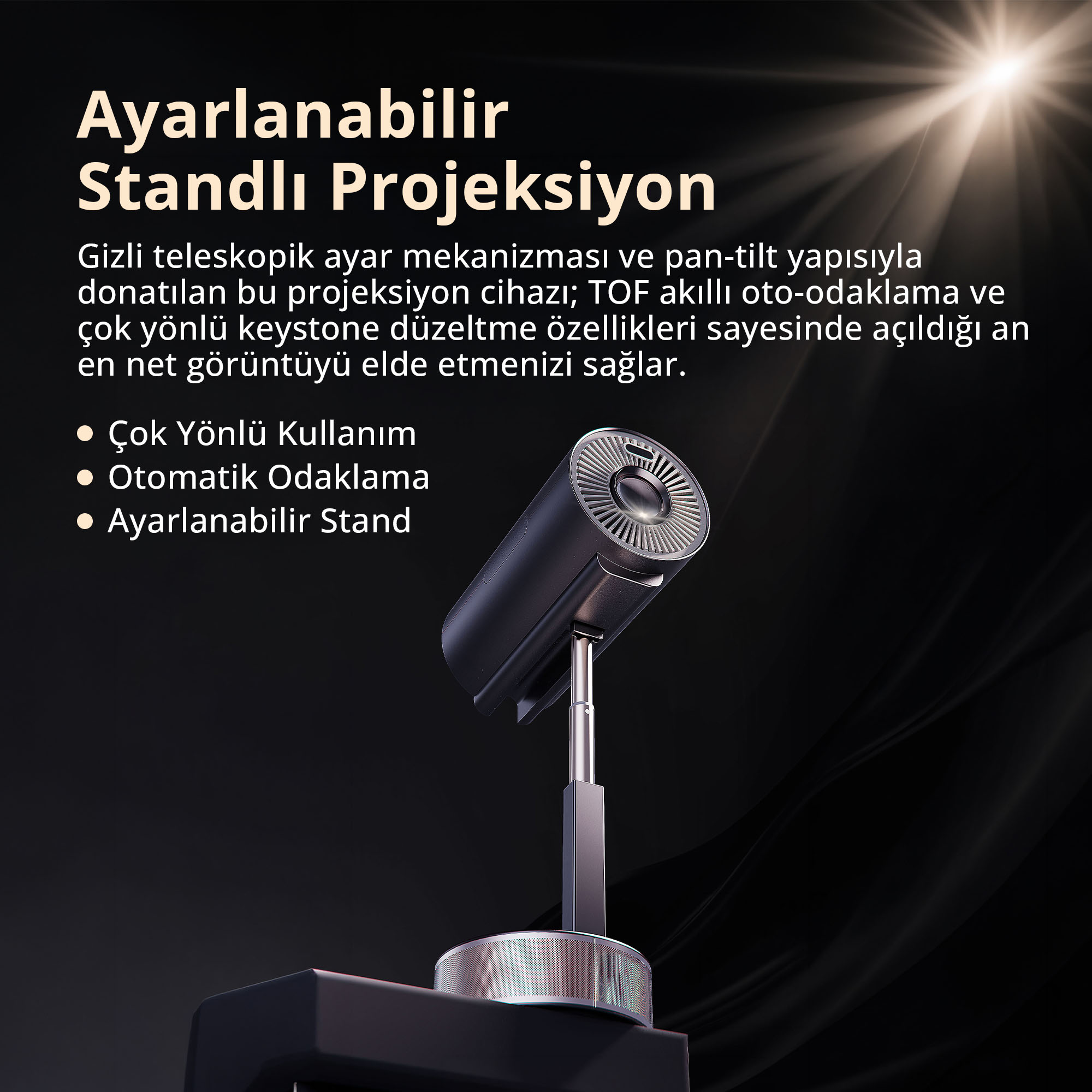 Karanlık arka planda ayarlanabilir standlı ve parlak ışık efektli siyah projektör.
