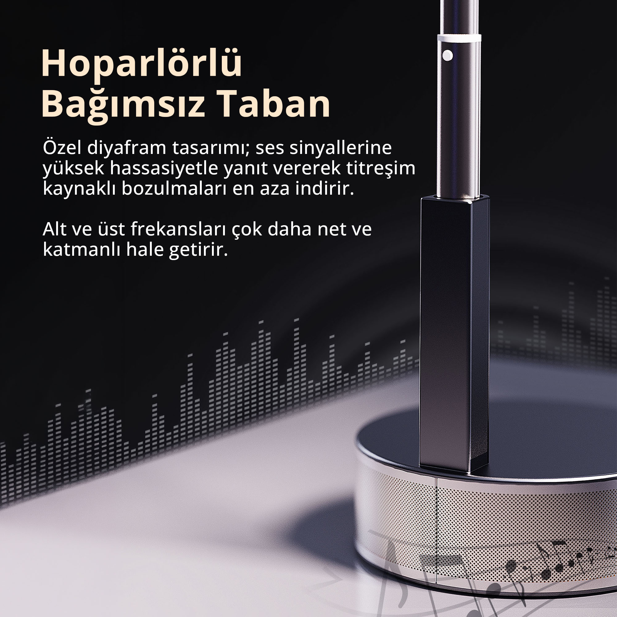 Arka planda metin ve ses dalgaları olan yuvarlak tabanlı metal mikrofon.