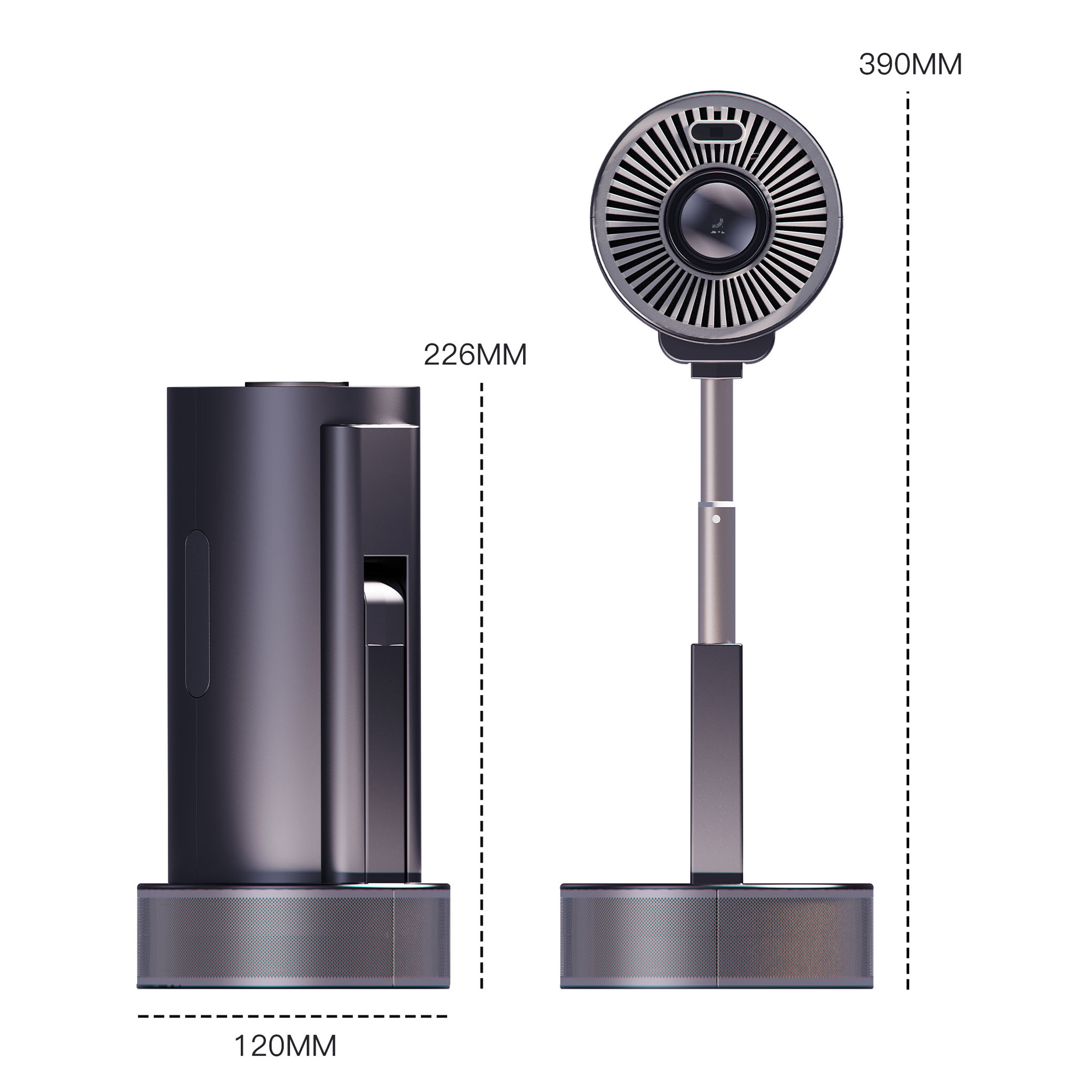 120mm, 226mm ve 390mm ölçülerine sahip gri ayaklı vantilatör şeması.