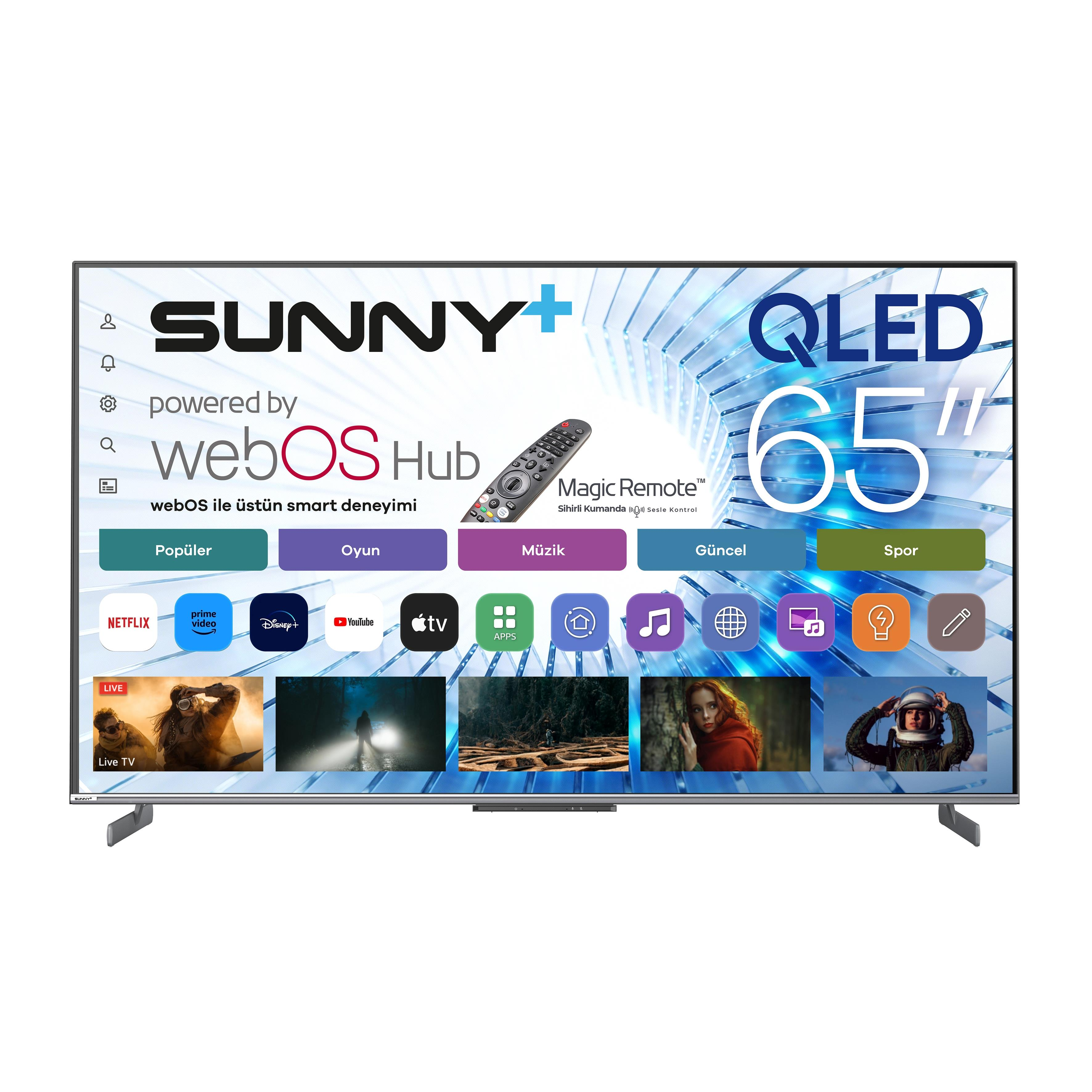 webOS Hub özellikli 65 inç QLED TV, uygulama simgeleri ve önizlemeler içeren ana ekranı gösterir.