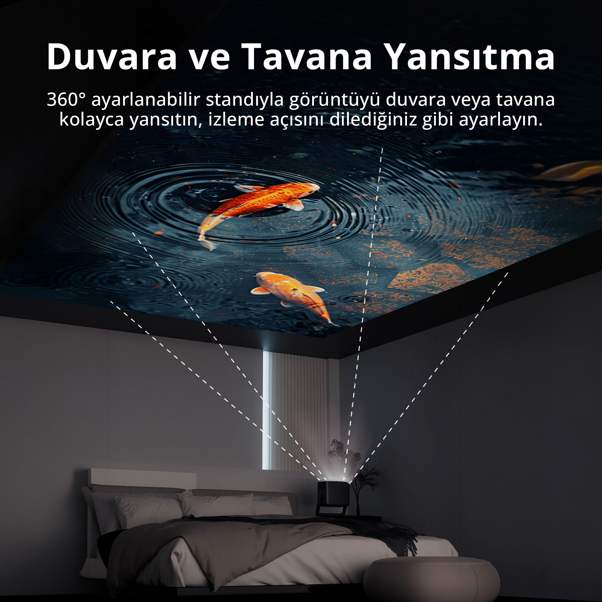 Bir projektör, yatağın üzerindeki tavana balık görseli yansıtıyor.