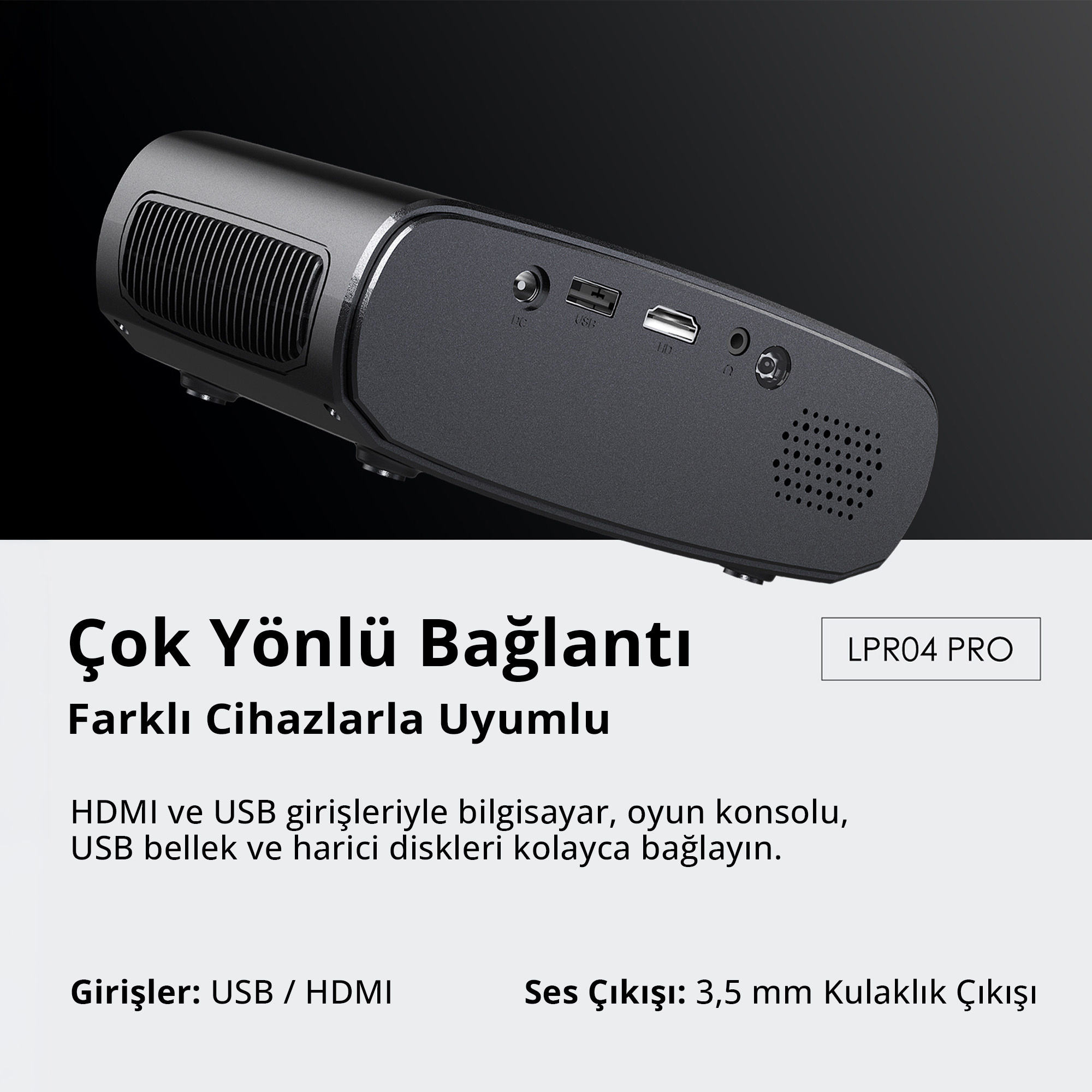 Siyah renkli bir projektörün bağlantı noktaları ve altında çok yönlü bağlantı açıklayan Türkçe metin.