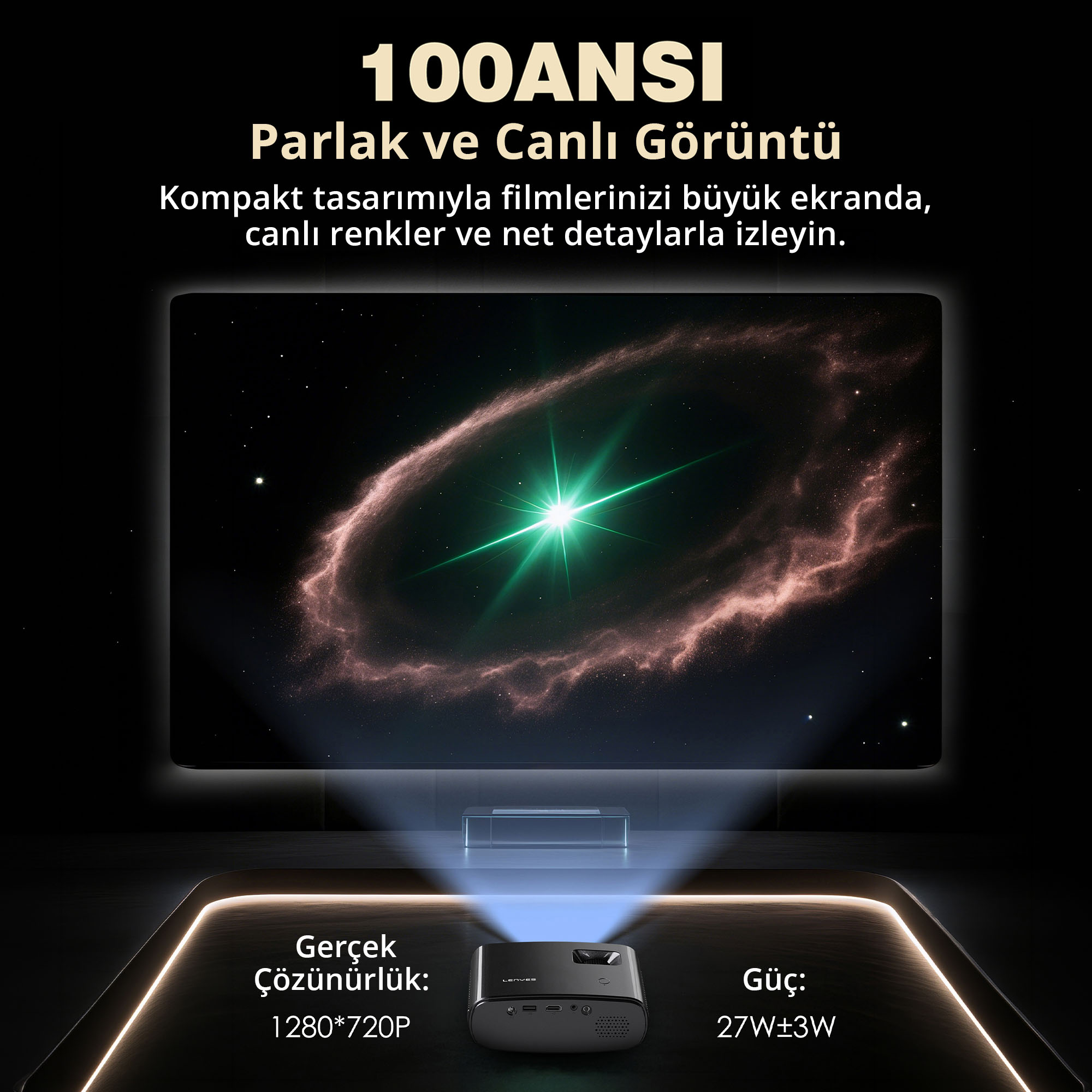 Kompakt bir 100 ANSI projektör duvara parlak bir galaksi yansıtıyor.