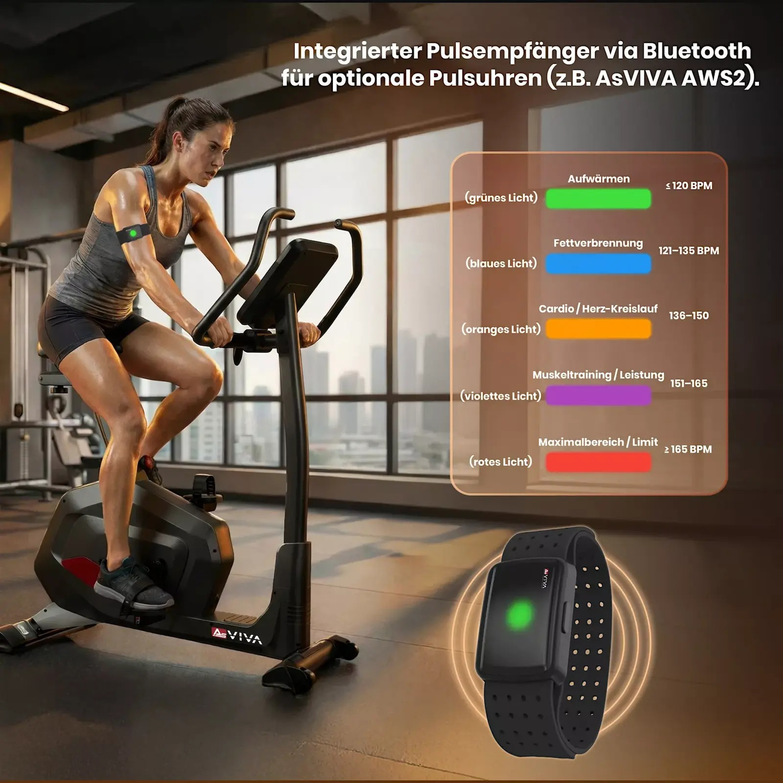 Frau trainiert auf Heimtrainer, mit Herzfrequenz-Anzeige und Pulsmesser.