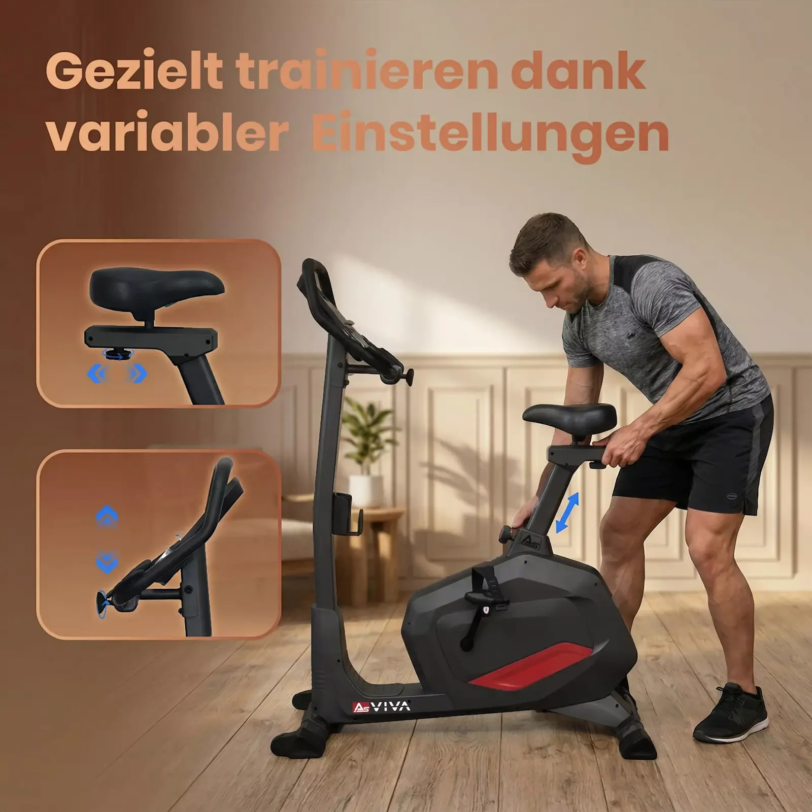 Ein Mann adjustiert den Sattel eines Heimtrainers, während Detailbilder die Verstellmöglichkeiten von Sattel und Lenker zeigen.