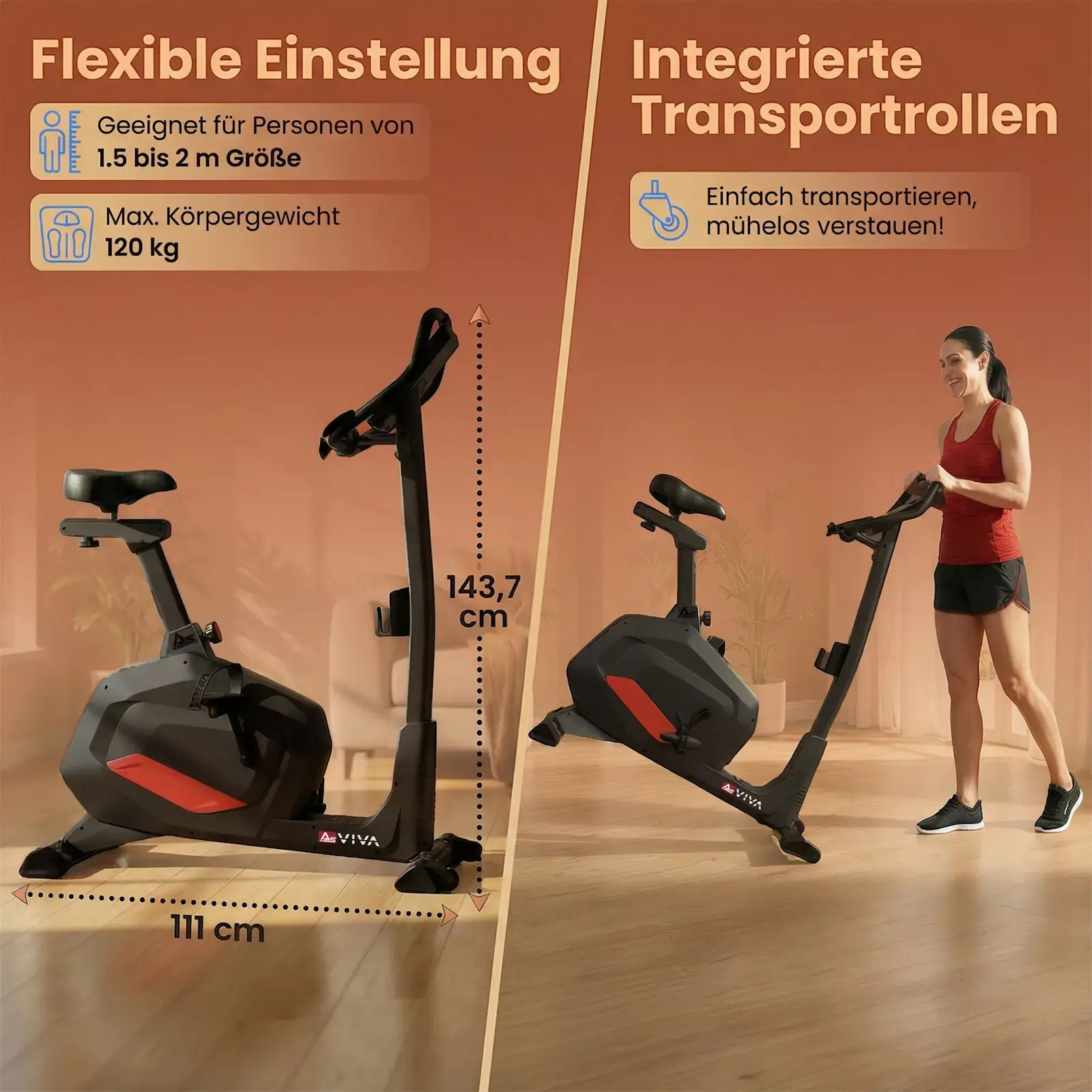 Ein Heimtrainer mit Maßen und eine Frau, die ihn auf Transportrollen rollt.