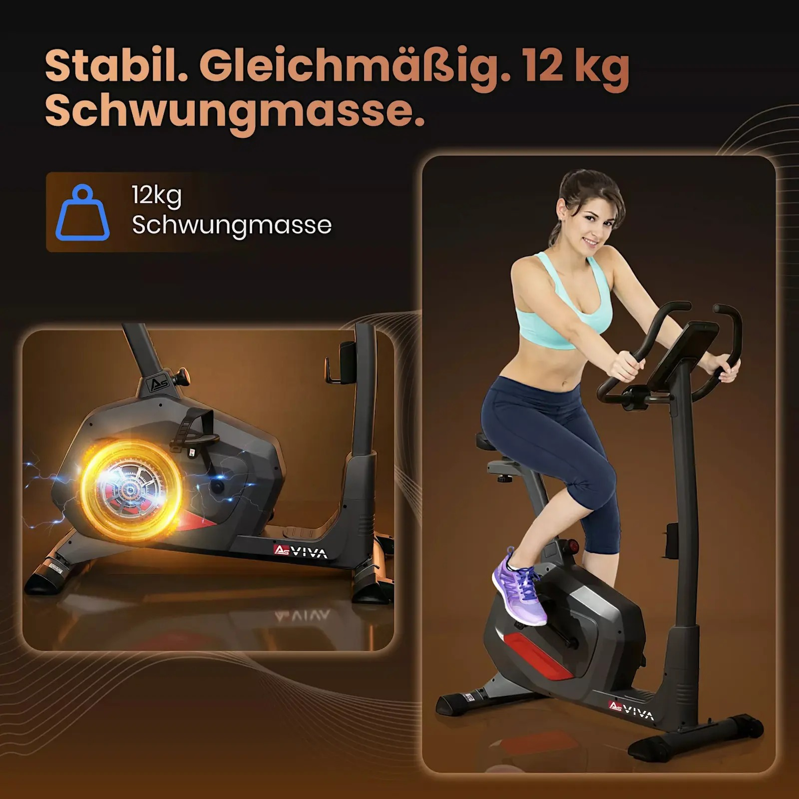 Frau trainiert auf Heimtrainer mit 12 kg Schwungmasse, links Detailansicht mit glühendem Schwungrad.