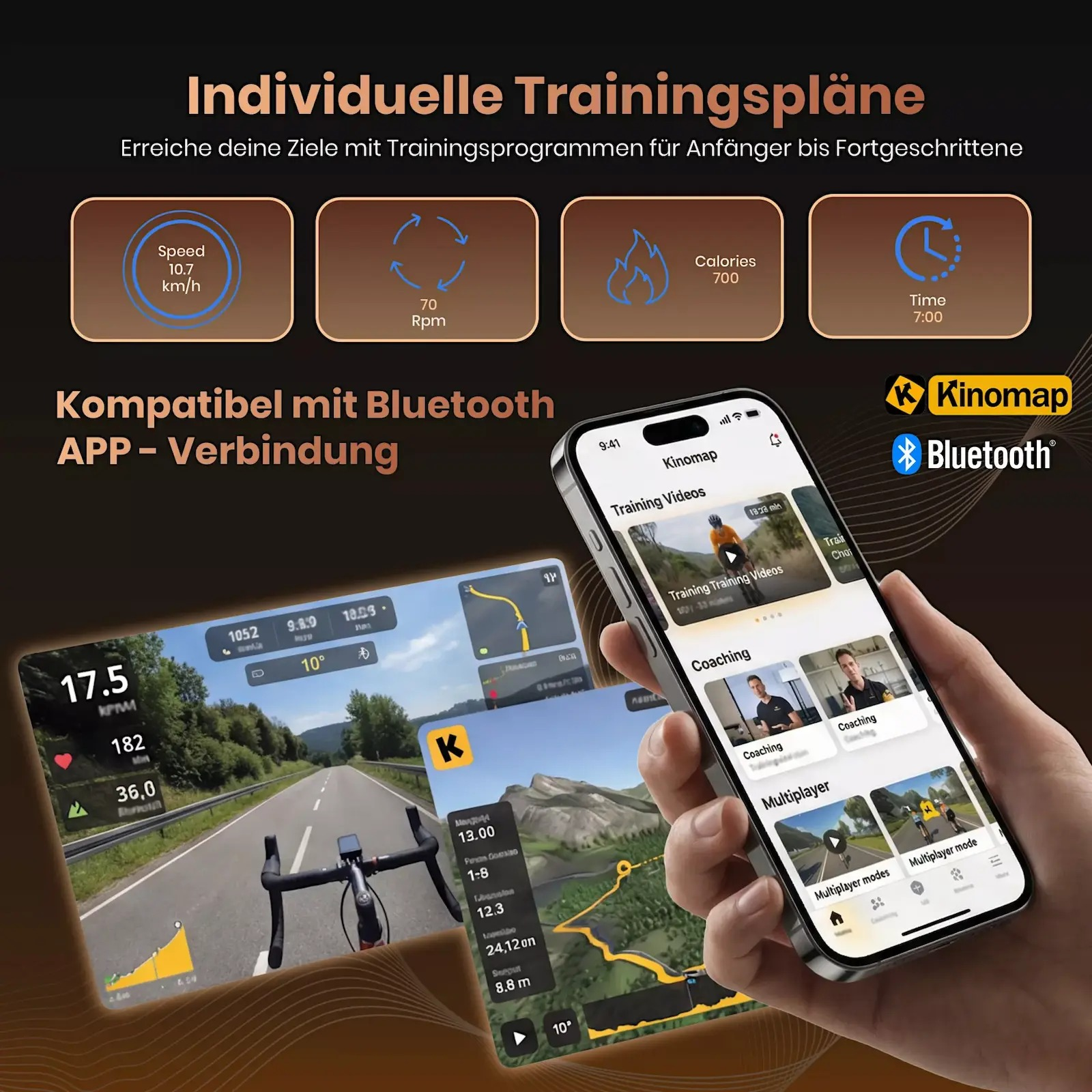Smartphone zeigt Kinomap App, daneben Fahrrad-Training und Trainingsdaten auf dem Bildschirm.