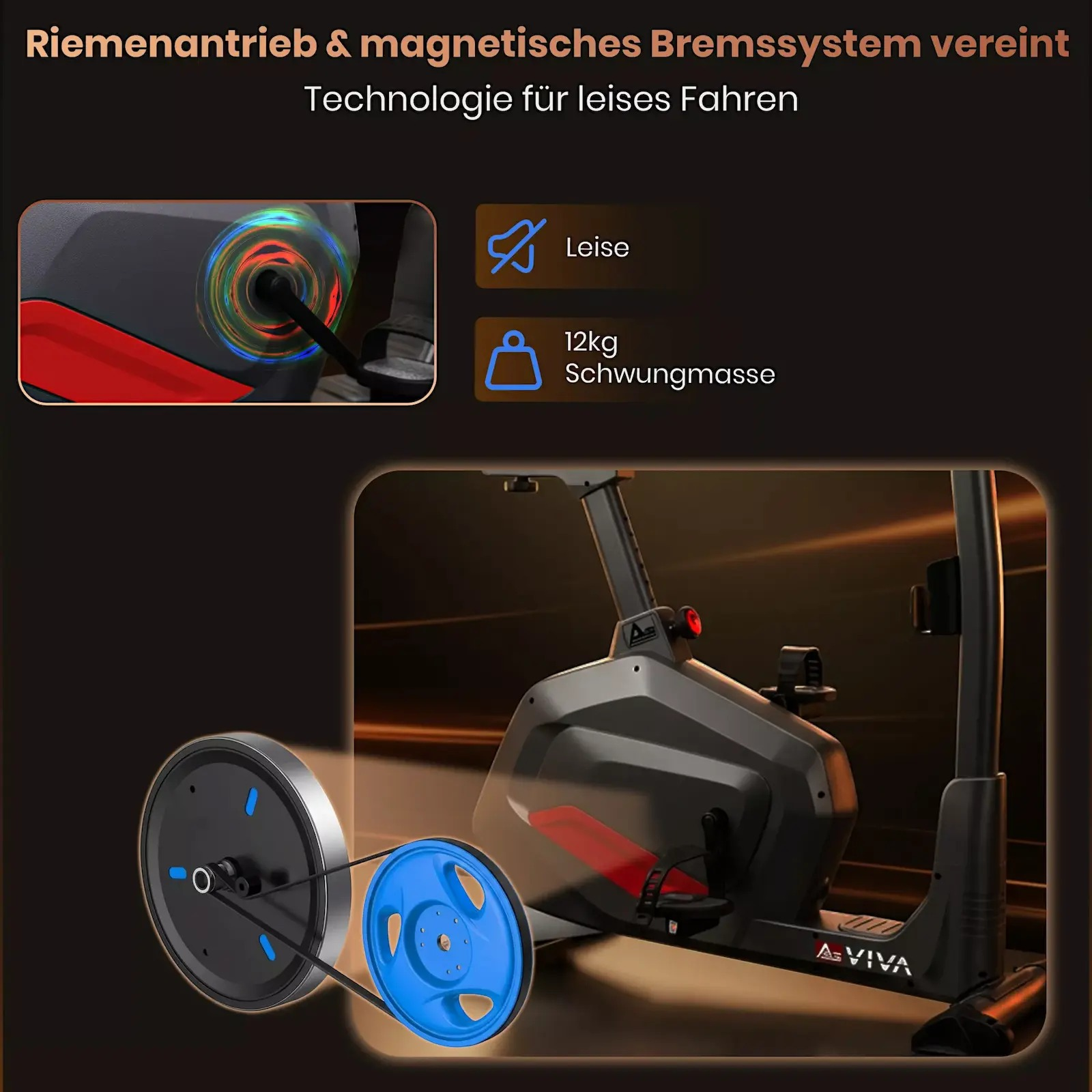 Fitnessbike mit Riemenantrieb, magnetischem Bremssystem und 12kg Schwungmasse.