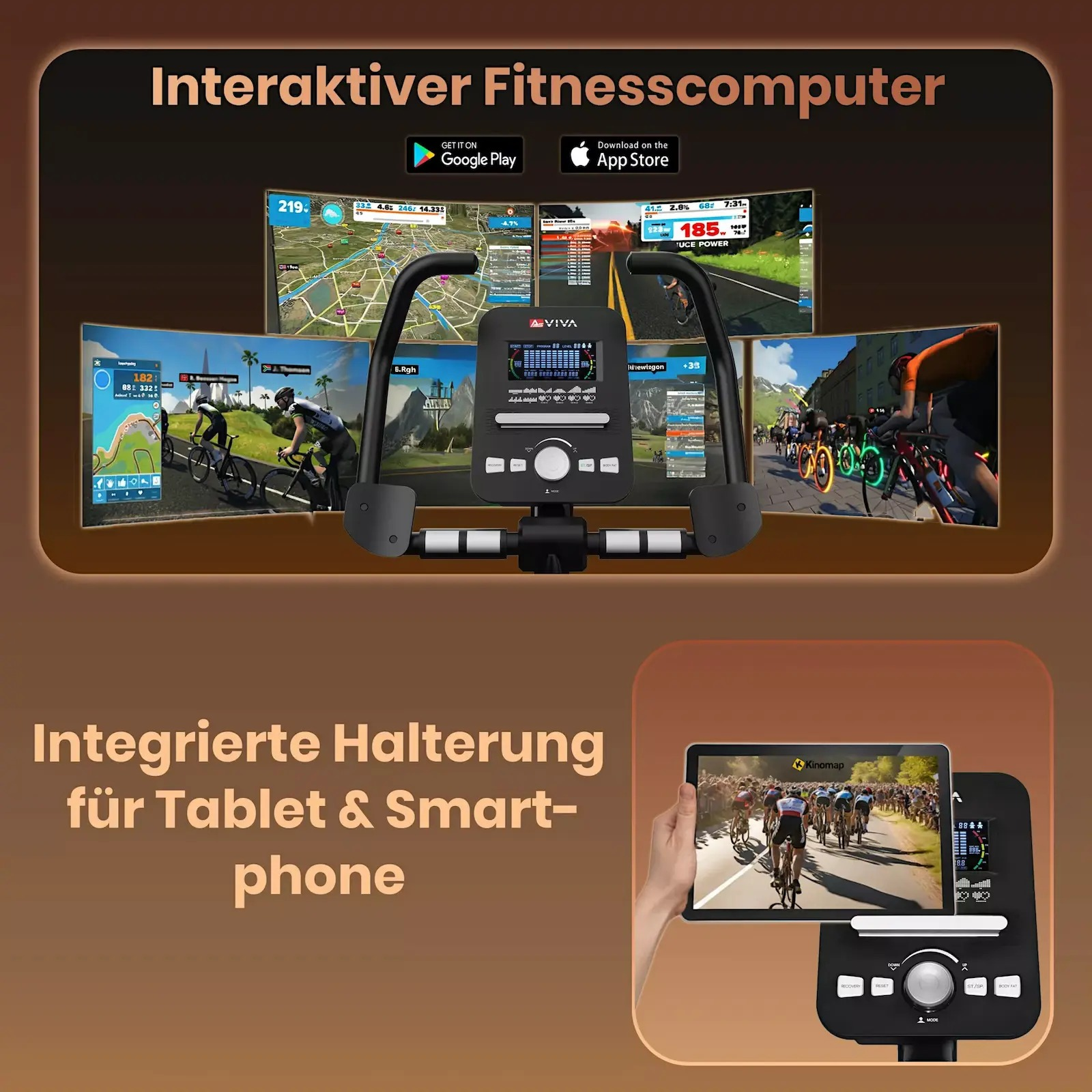 Fitnesscomputer mit App-Integration, das Tablet zeigt eine Radsport-Simulation.