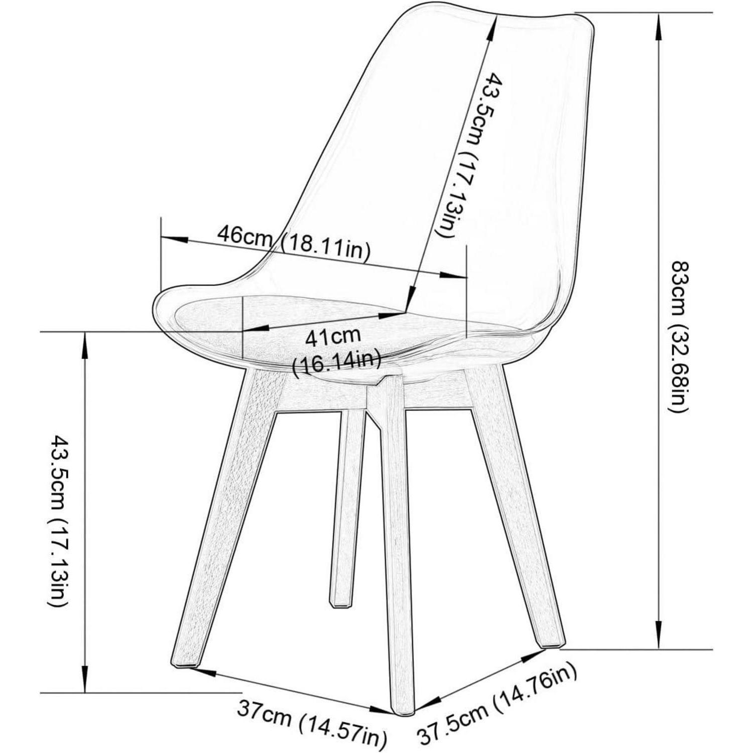 Disegno al tratto di una sedia moderna con misure in centimetri e pollici.