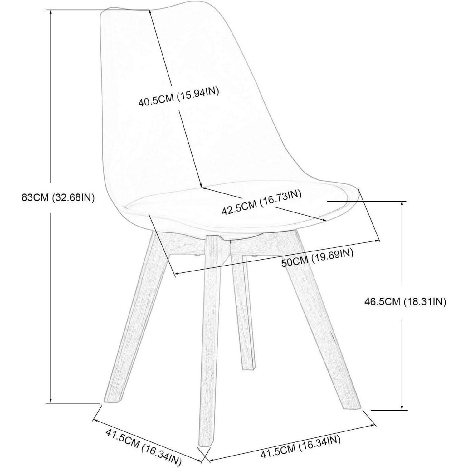 Disegno al tratto di una sedia moderna con dimensioni in centimetri e pollici.