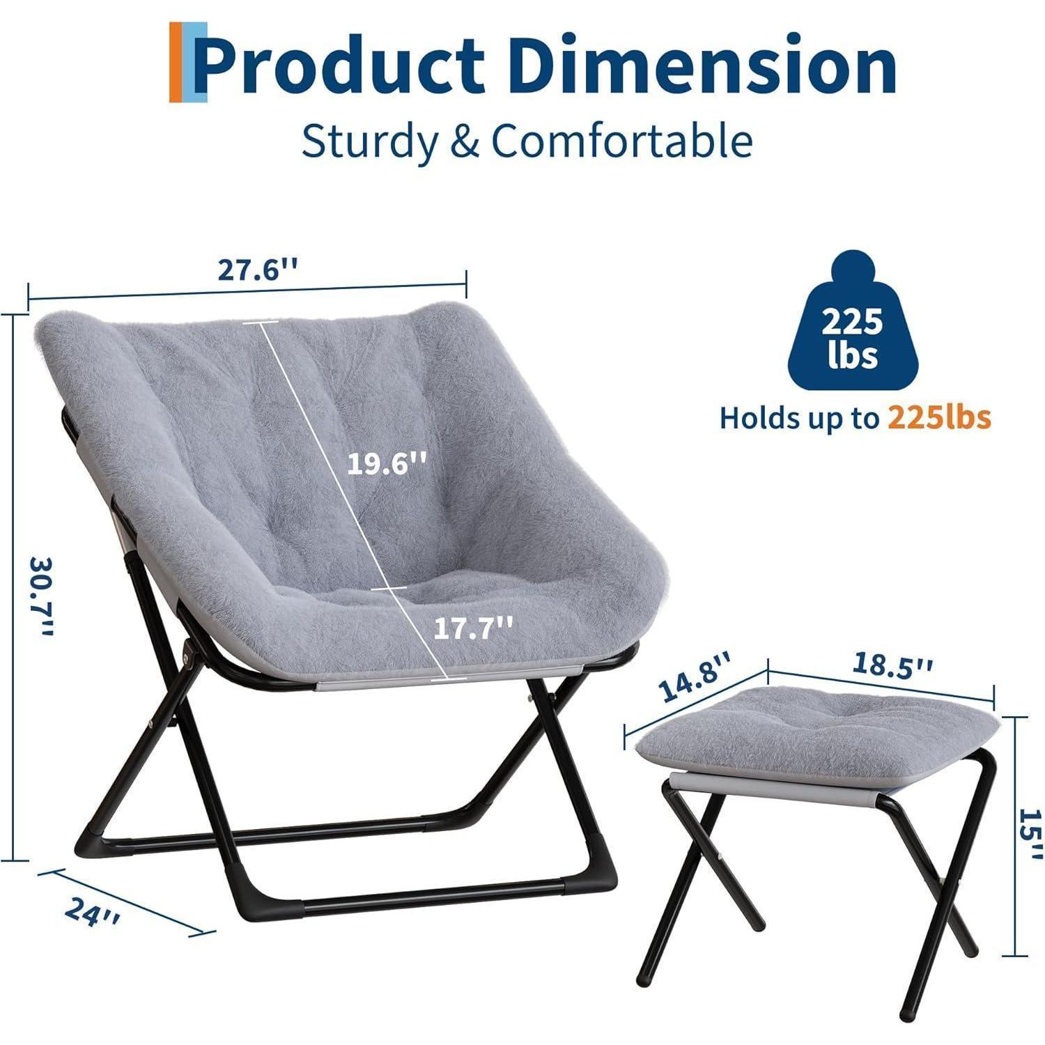 Schema che mostra le dimensioni di una sedia pieghevole grigia e un pouf abbinato con gambe in metallo nero.