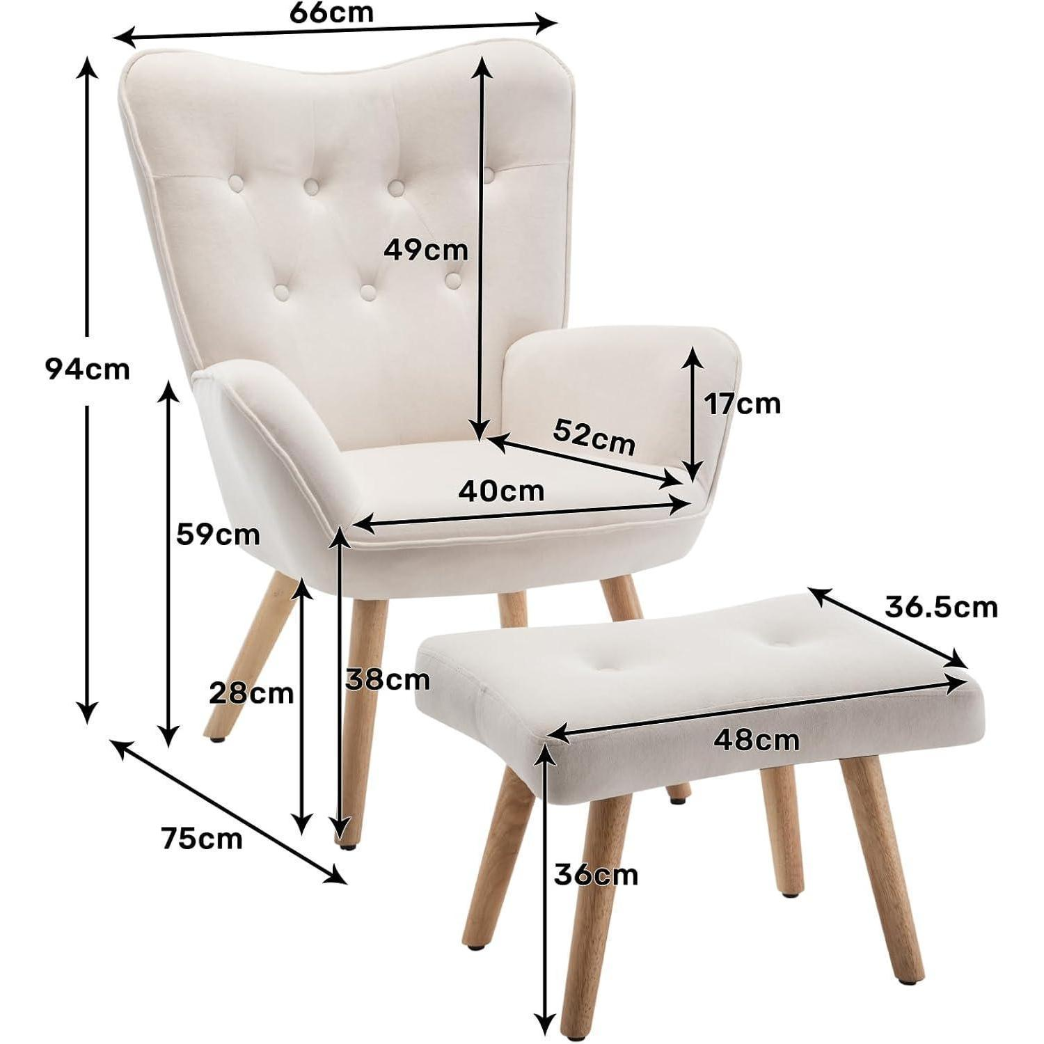 Poltrona e poggiapiedi beige con dimensioni indicate su sfondo bianco.