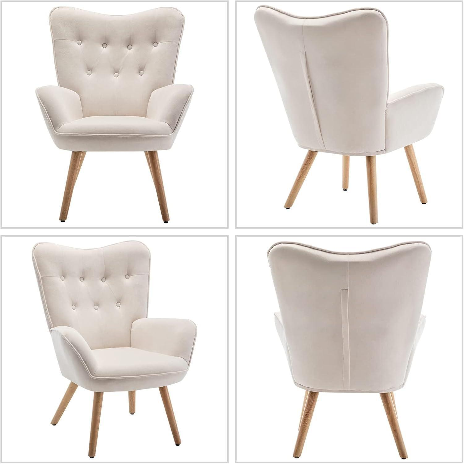 Quattro viste di una poltrona orecchiona beige chiaro con gambe in legno su sfondo bianco.