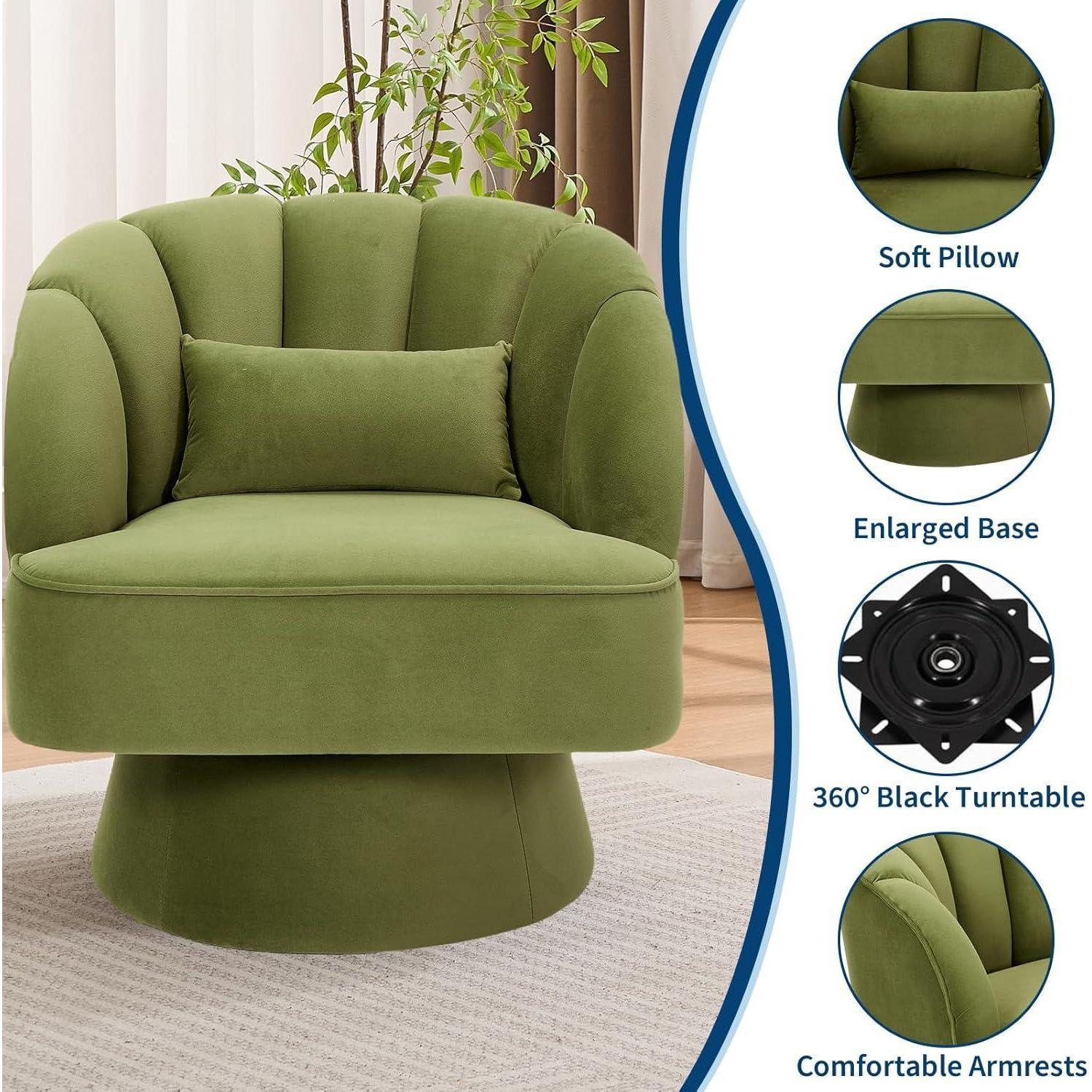 Poltrona girevole in velluto verde con cuscino, base larga e braccioli.