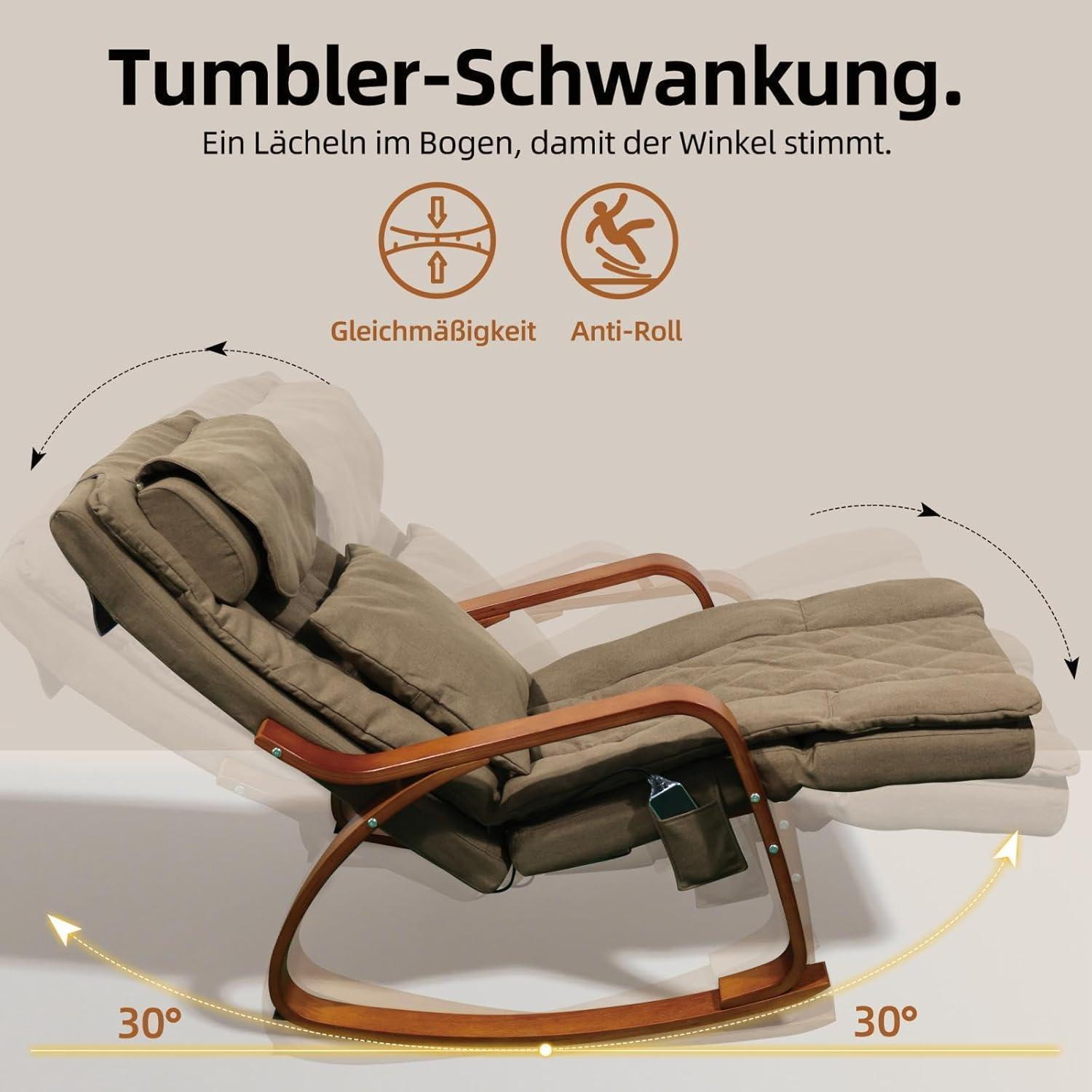 Una sedia a dondolo beige con struttura in legno che si arca di 30 gradi, con testo e icone sopra.