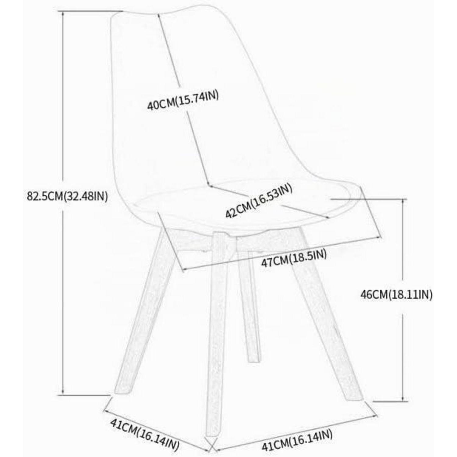Disegno tecnico di una sedia con etichette di dimensioni precise in centimetri e pollici.