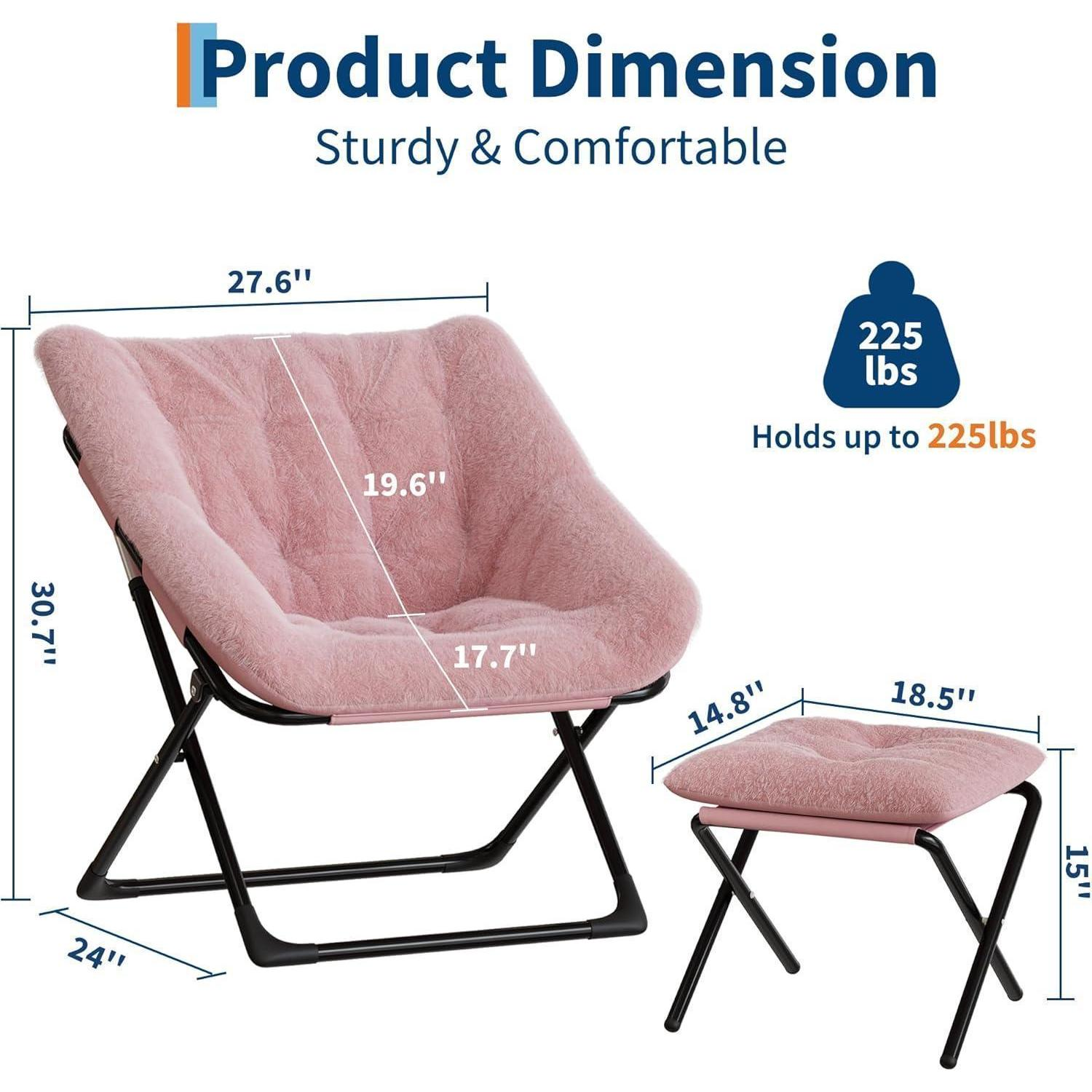 Sedia pieghevole rosa e pelosa con poggiapiedi coordinato e telai in metallo nero, con dimensioni e limite di peso.