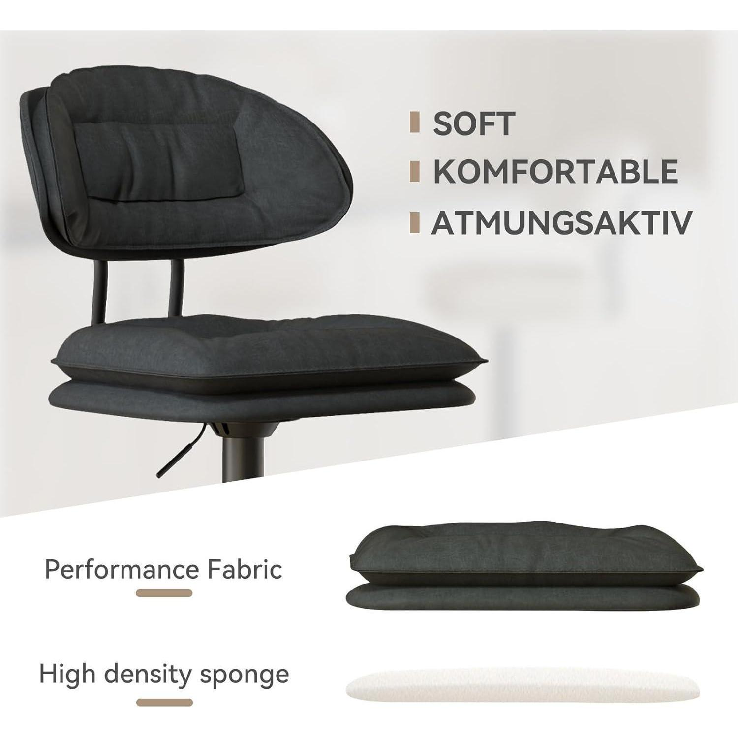 Una sedia da ufficio nera con cuscini morbidi, tessuto performante e testo che evidenzia comfort e traspirabilità.